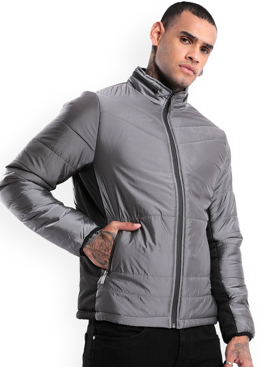 

WROGN Men Hooded Solid Casual Padded Jacket, Grey