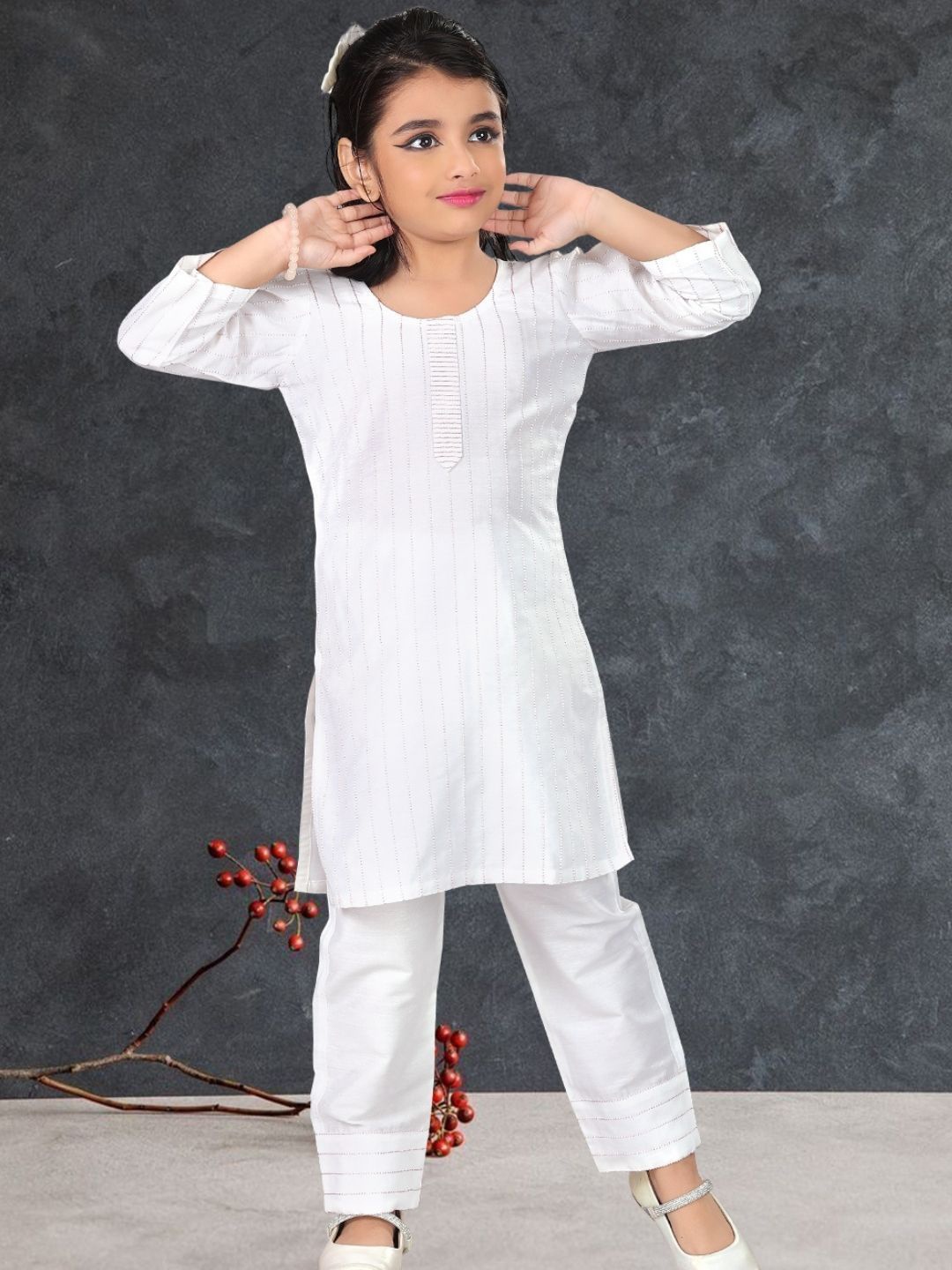 

Pehanaava Girls Striped Thread Work Straight Kurta With Trouser, White