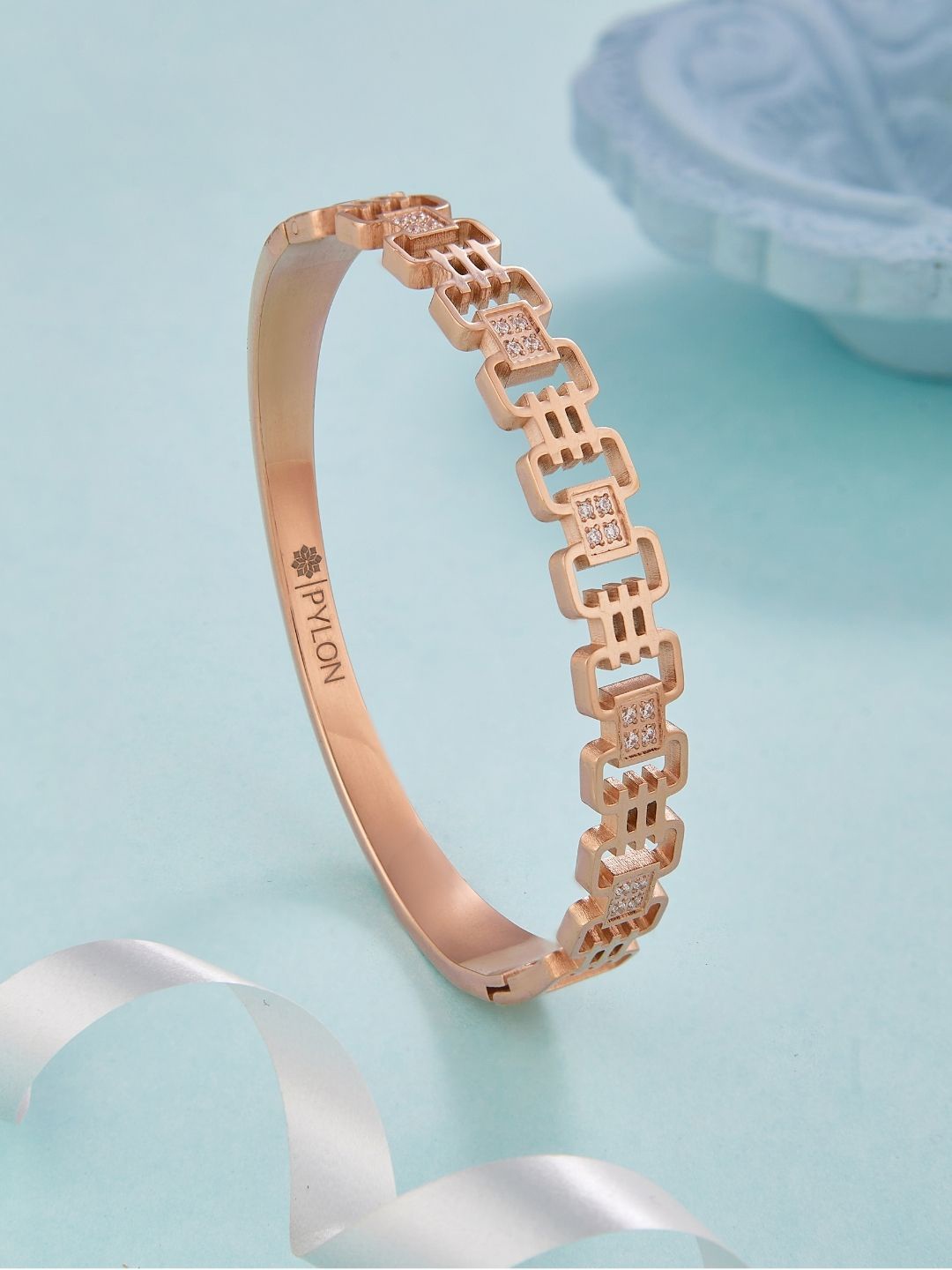 

PYLON Stainless Steel American Diamond Kada Bracelet, Rose gold