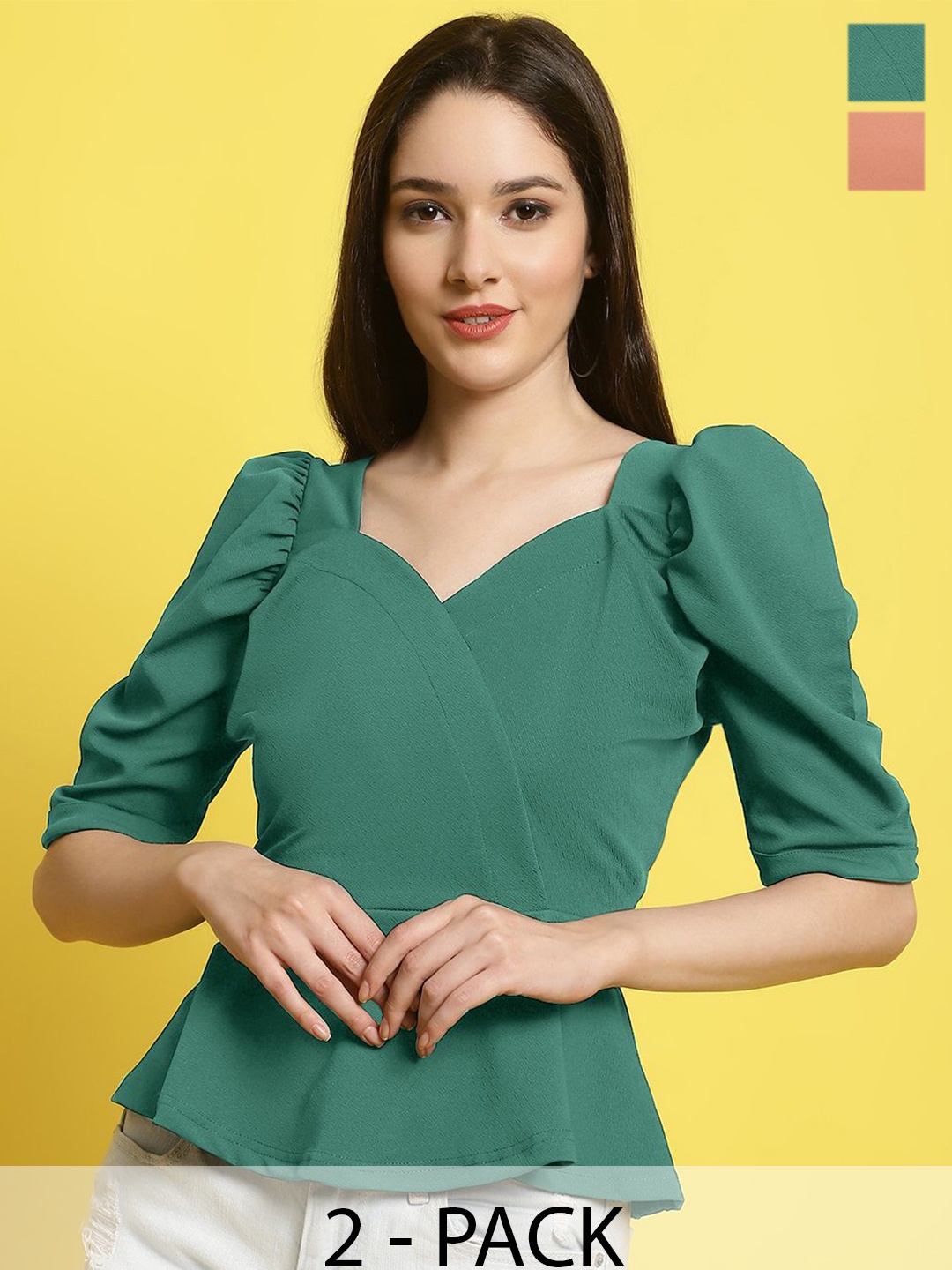 

Metronaut Women Puff Sleeves Crop Top, Green