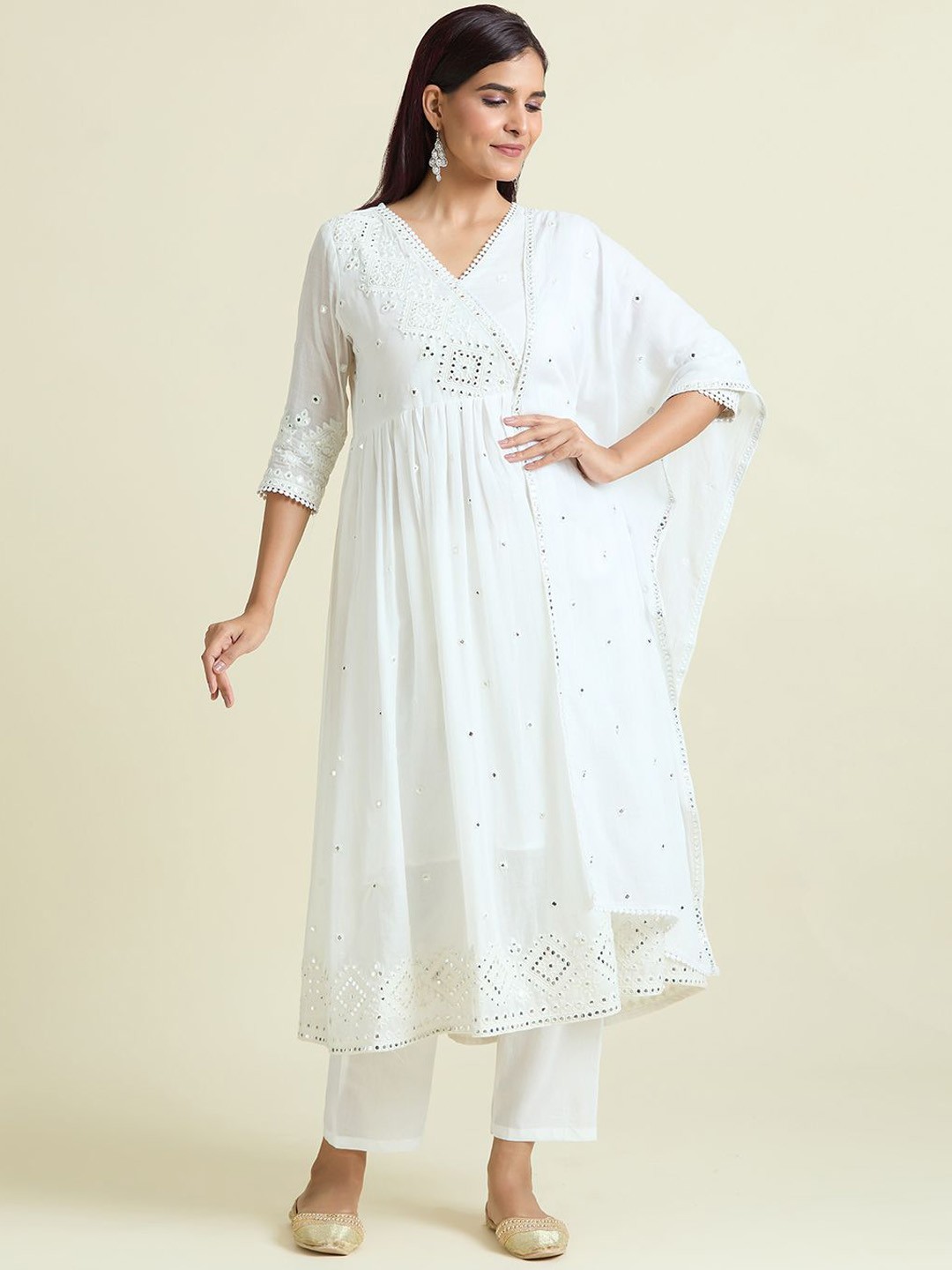 

Adara Khan Women Embroidered Angrakha Mirror Work Raw Silk Kurta with Trousers & With Dupatta, White