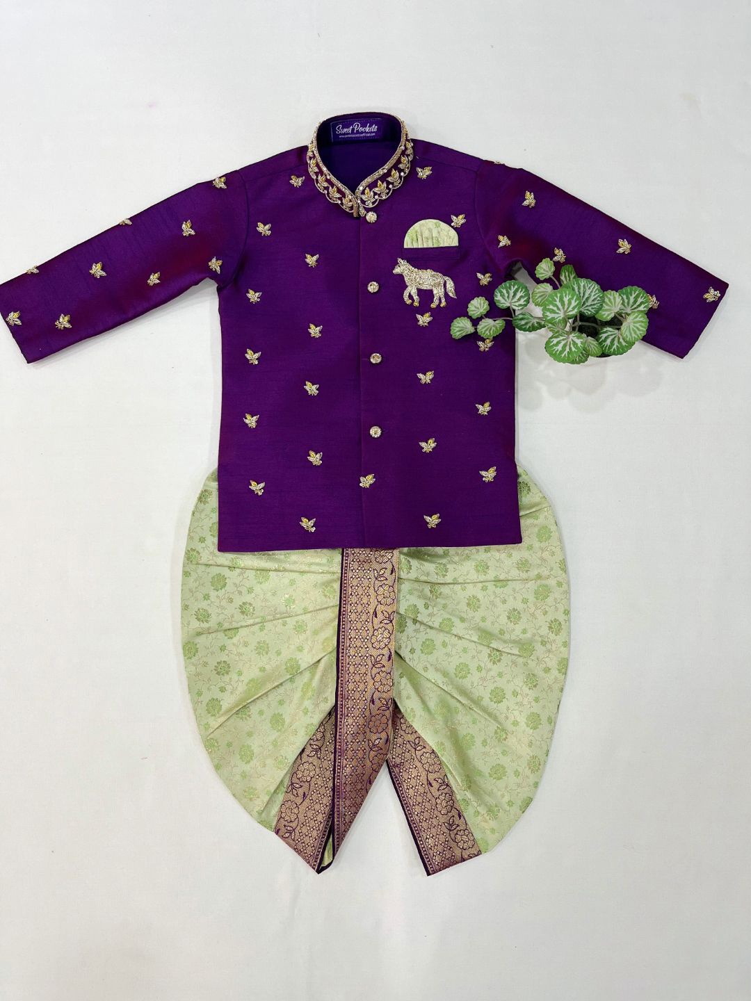 

Sweet Pockets Boys Floral Embroidered Thread Work Straight Kurta with Dhoti Pants, Purple