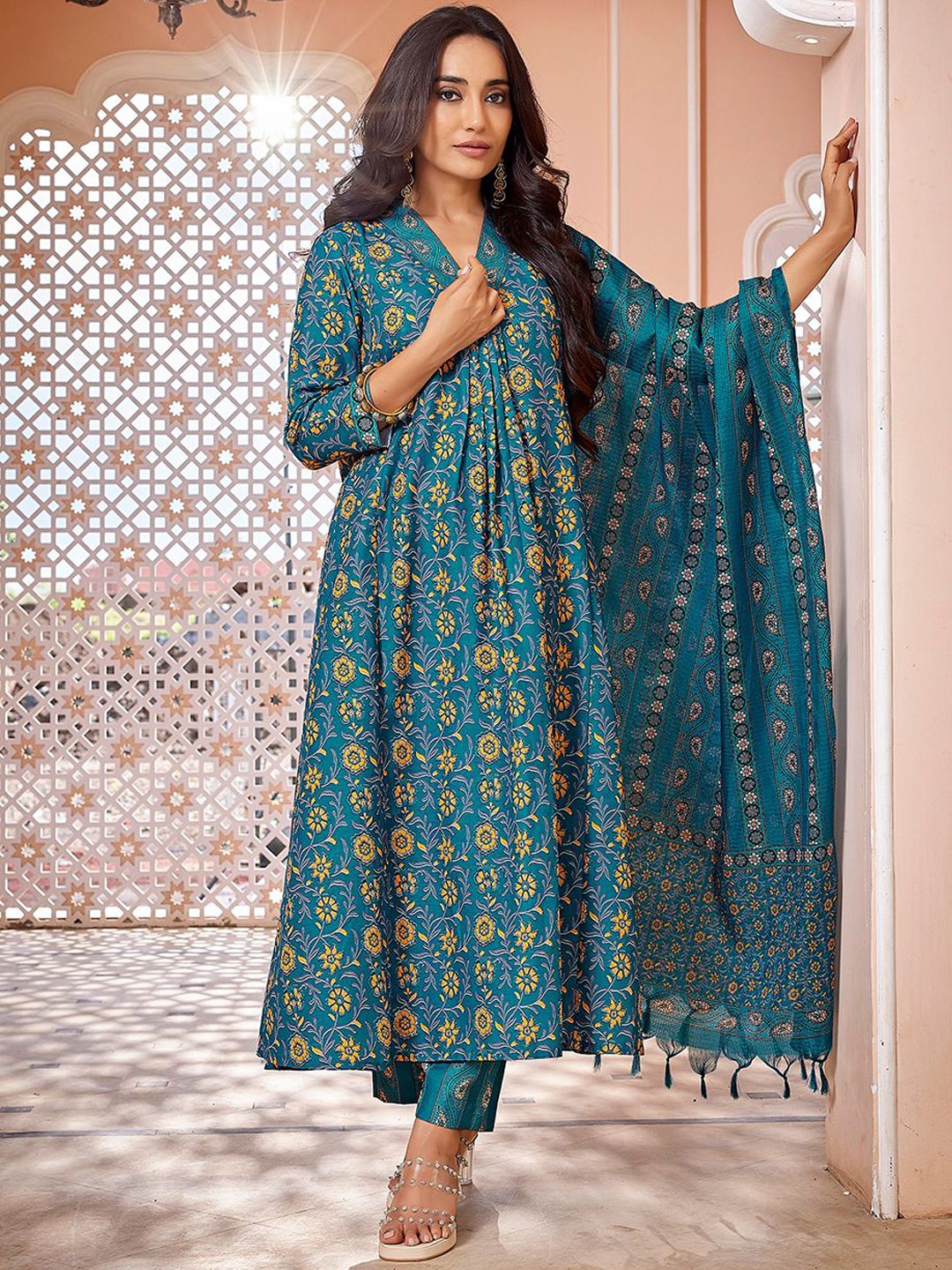 

Royal Export Floral Printed Anarkali Kurta with Trousers & Dupatta, Blue