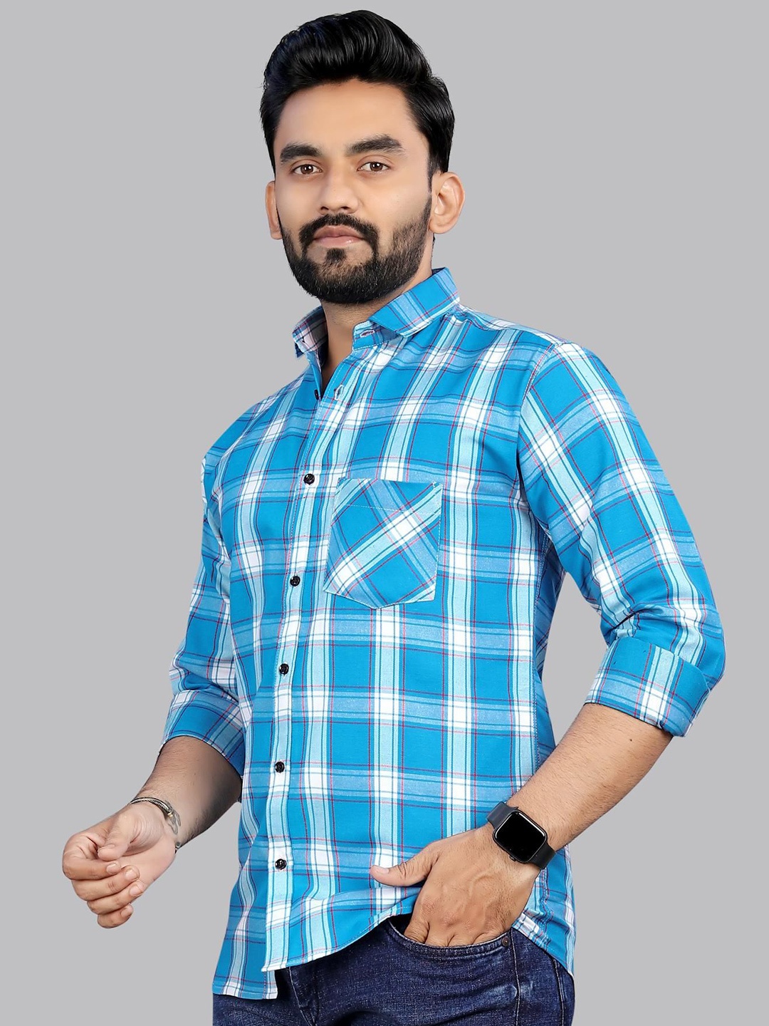 

allan peter Men Classic Spread Collar Checked Cotton Casual Shirt, Blue