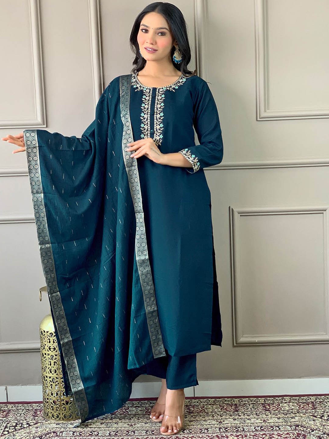 

KALINI Floral Yoke Design Thread Work Straight Kurta With Trousers & Dupatta, Blue