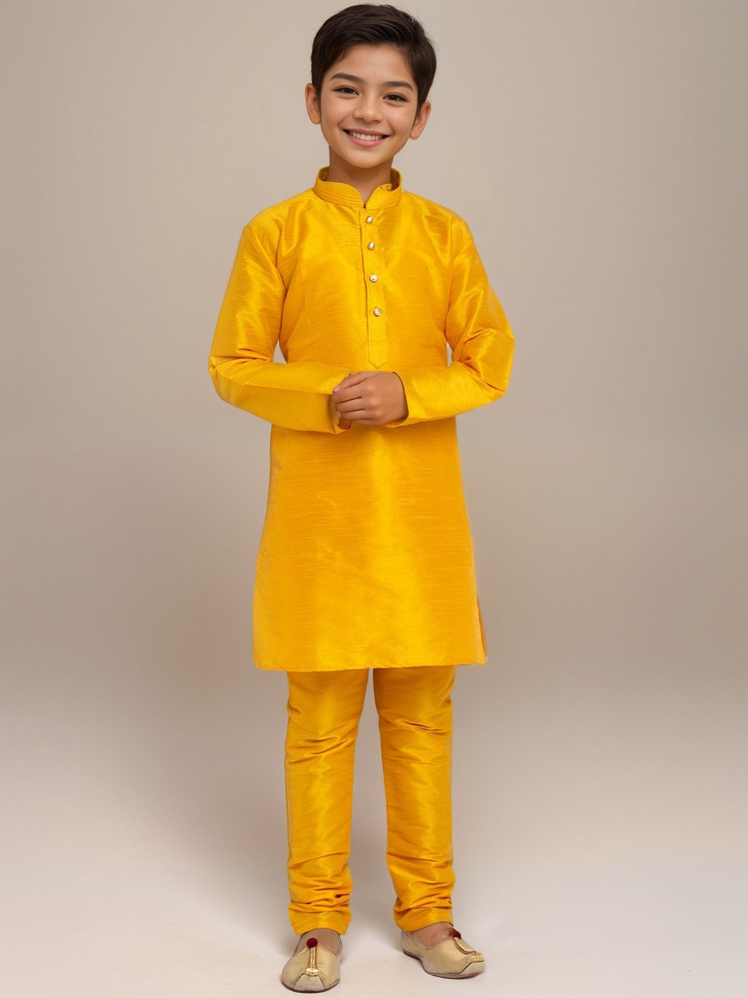 

DEVOILER Boys Regular Art Silk Straight Kurta with Churidar, Yellow