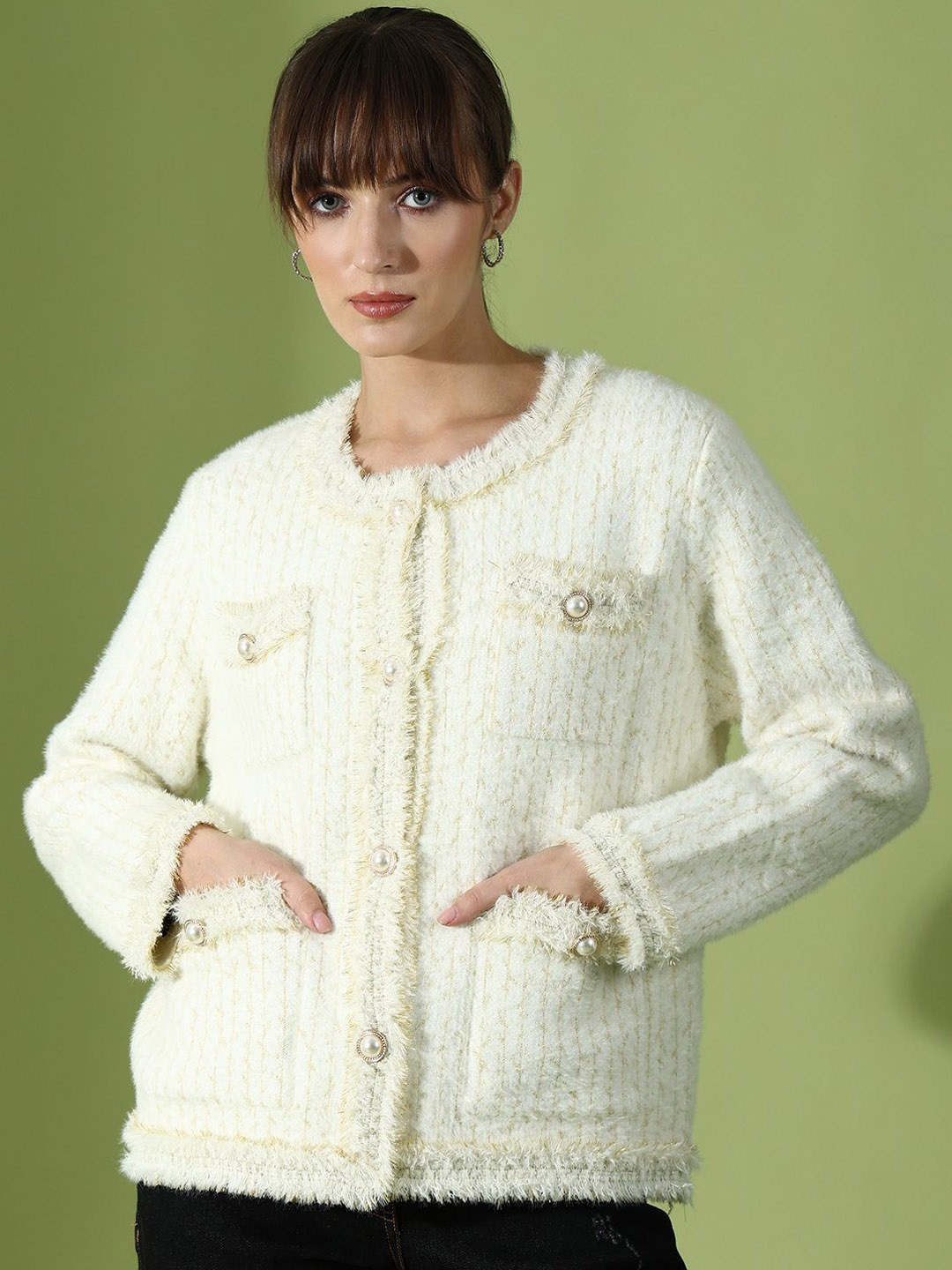 

KALINI Self Design Woollen Cardigan, Off white