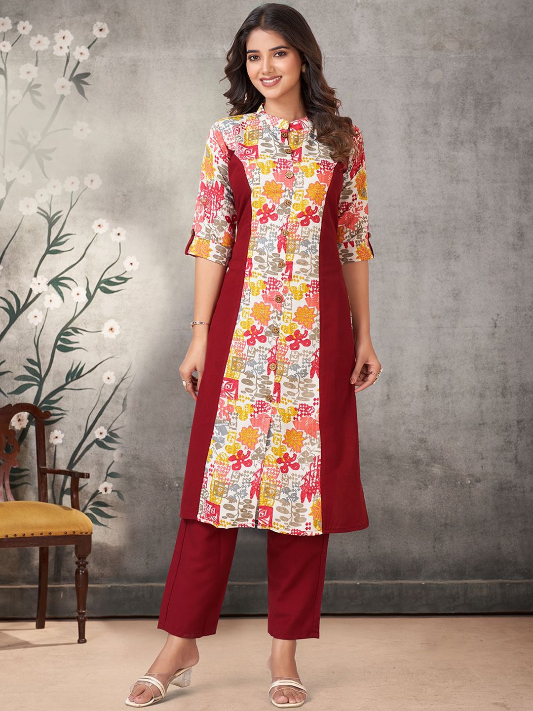 

KALINI Ethnic Motifs Printed Mandarin Collar Straight Kurta With Palazzos, Red