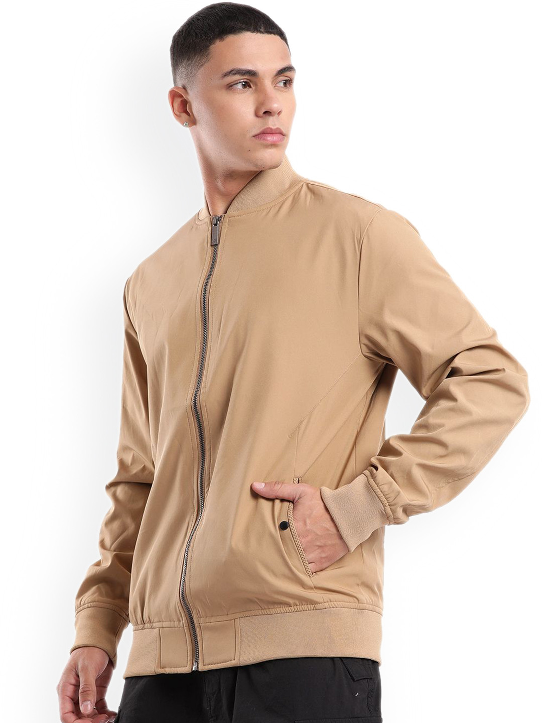 

WROGN Men Stand Collar Solid Casual Bomber Jacket, Beige