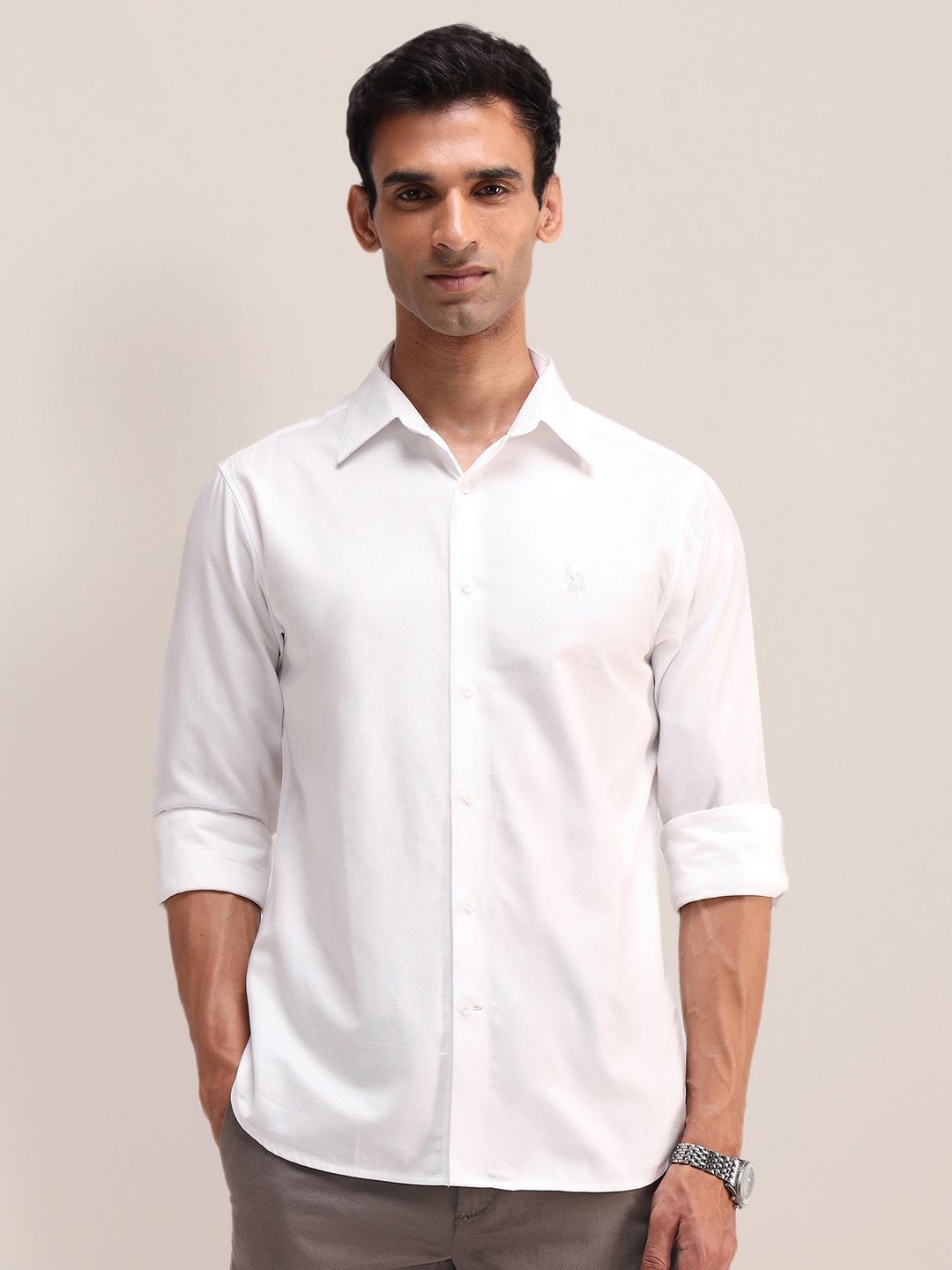 

U.S. Polo Assn. Men Classic Spread Collar Textured Cotton Casual Shirt, White