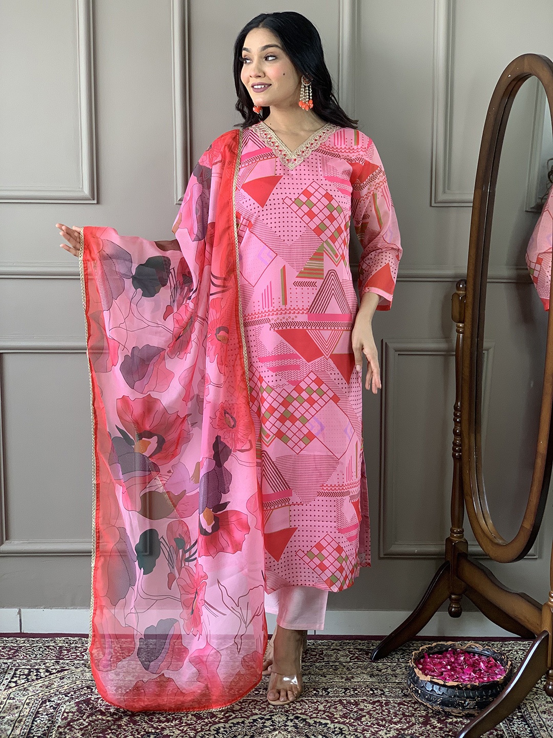 

KALINI Geometric Printed Straight Kurta With Trousers & Dupatta, Pink