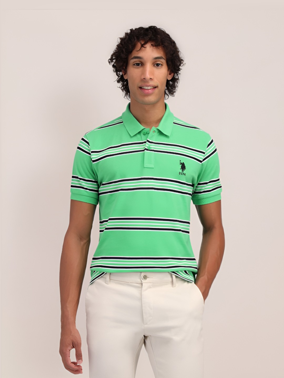 

U.S. Polo Assn. Men Brand Logo Printed Polo Collar Cotton Slim Fit T-shirt, Green