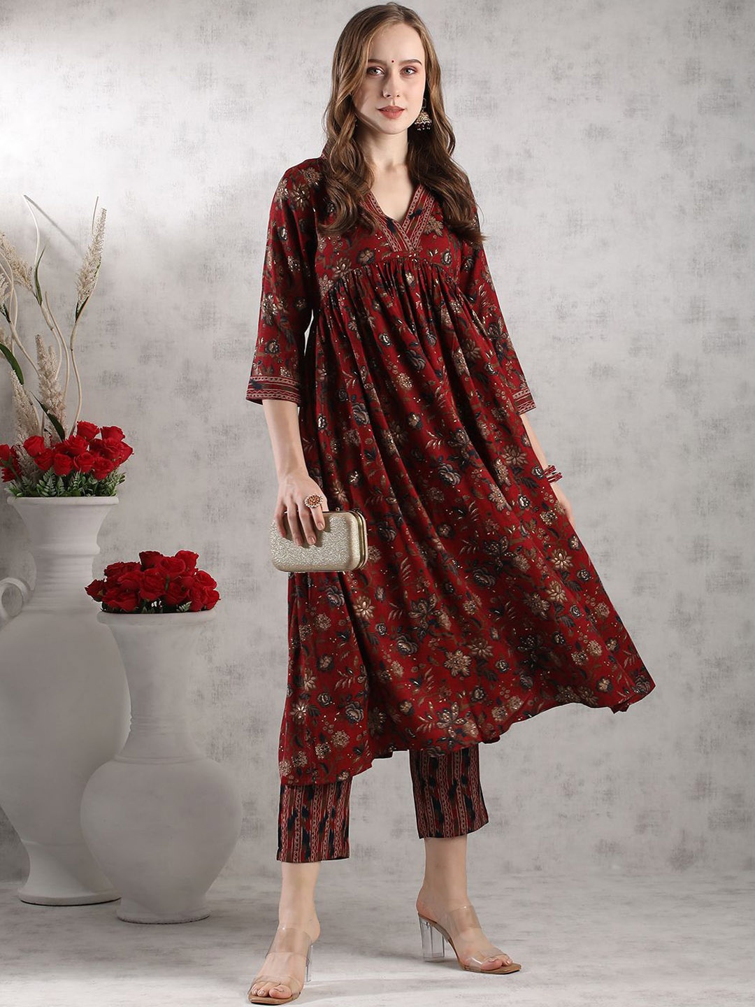 

GoSriKi Floral Printed V-Neck Empire Anarkali Kurta with Trousers, Maroon