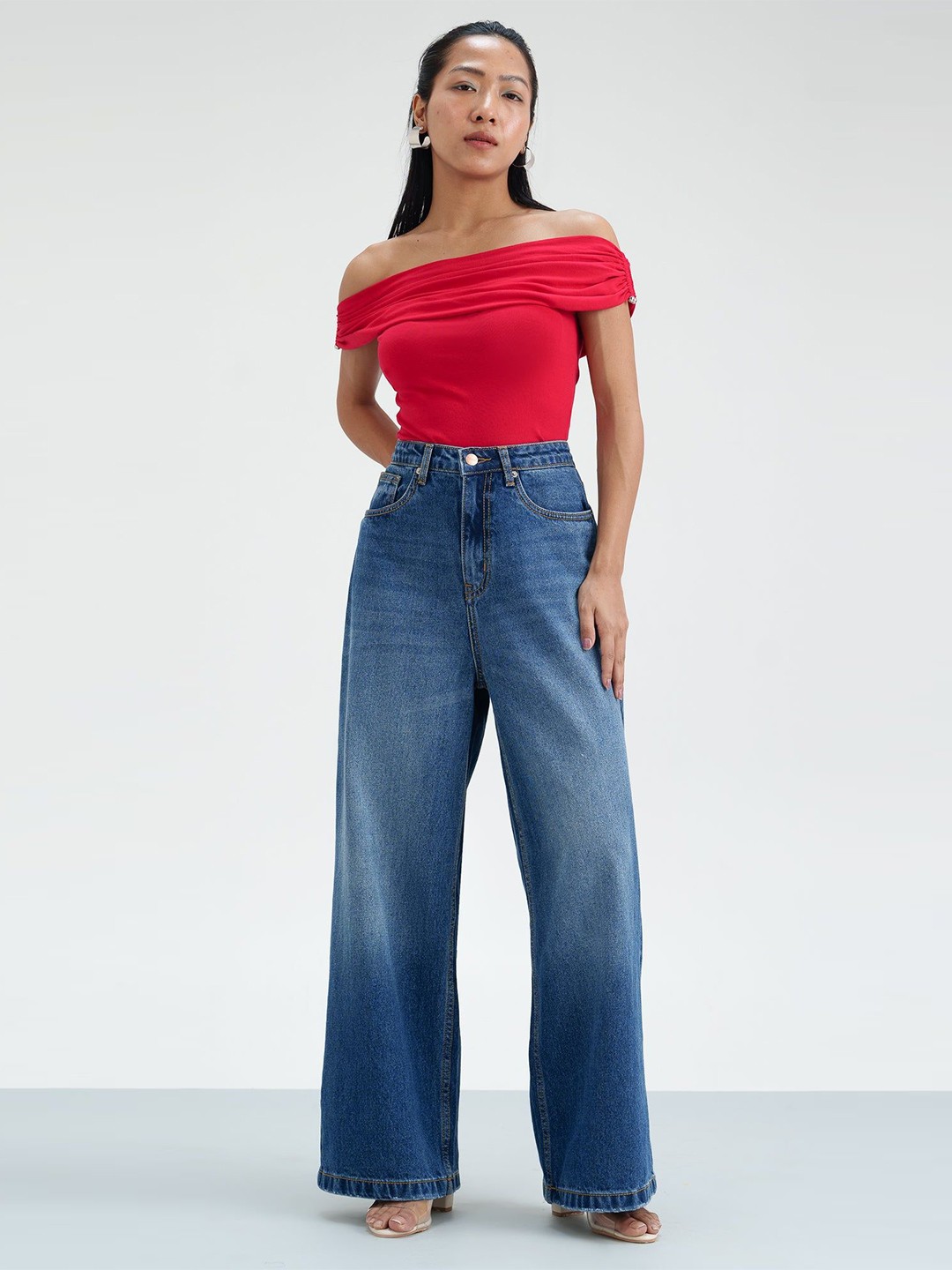 

FREAKINS Women Cotton Loose Wide Leg High-Rise Heavy Fade Jeans, Blue