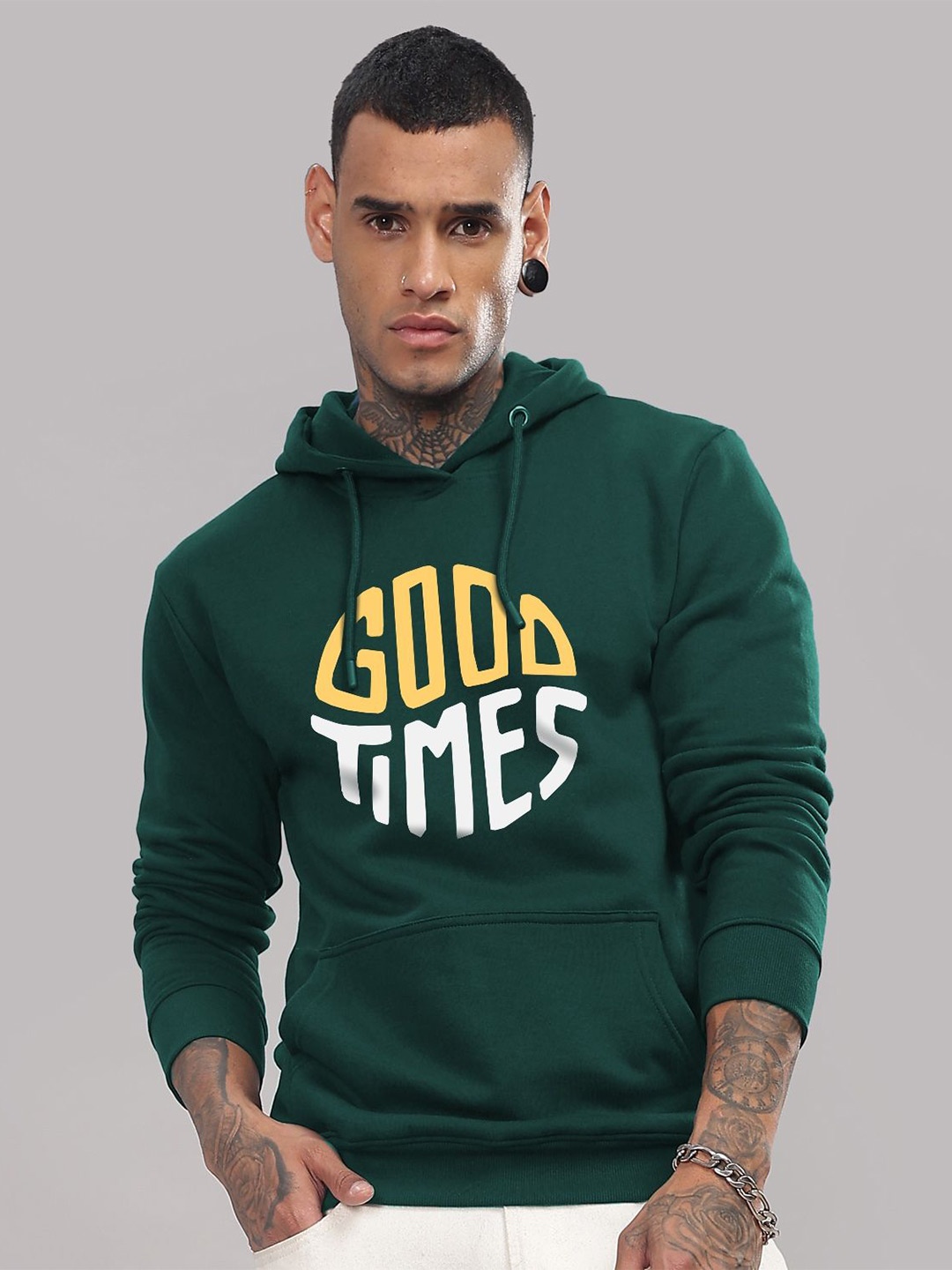 

ADRO Men Green Cotton Printed Hooded Neck Long Sleeves Pullover Kangaroo Pocket Sweatshirt