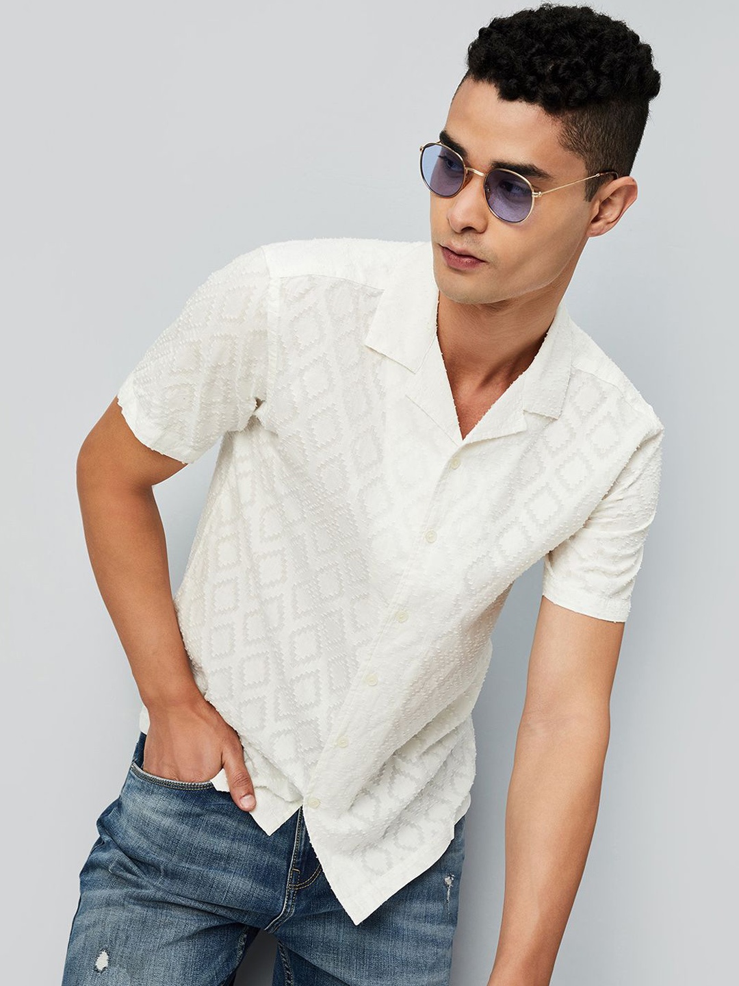 

max Self Design Pure Cotton Casual Shirt, Off white