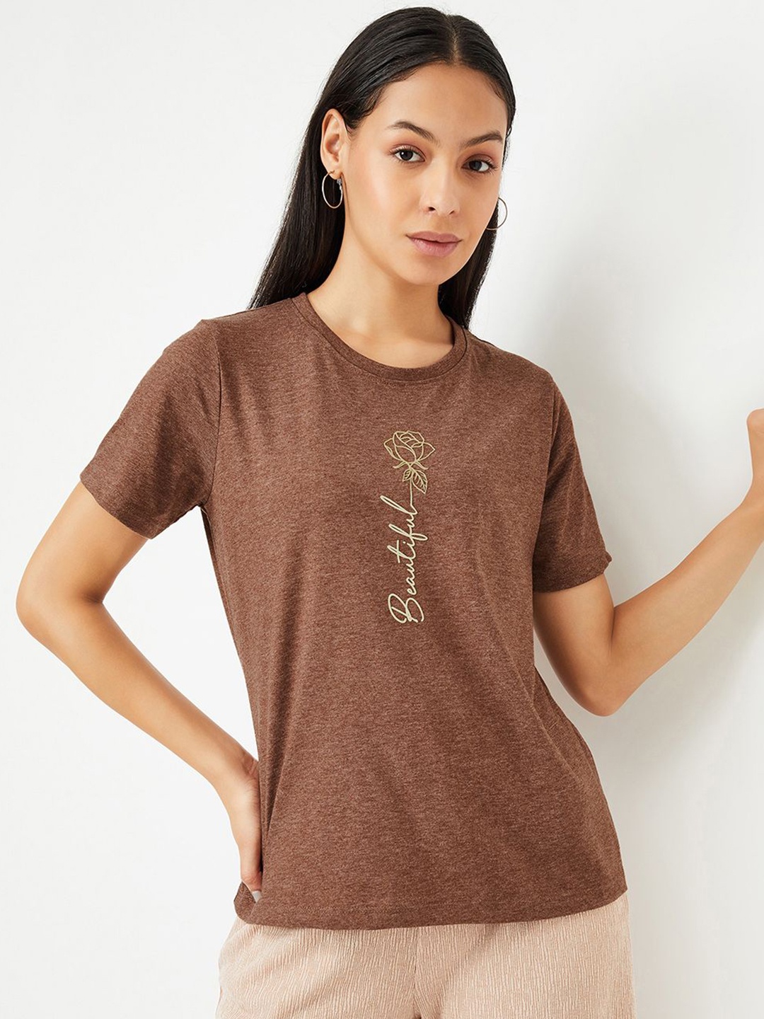 

max Women Typography Printed Round Neck Cotton T-shirt, Brown