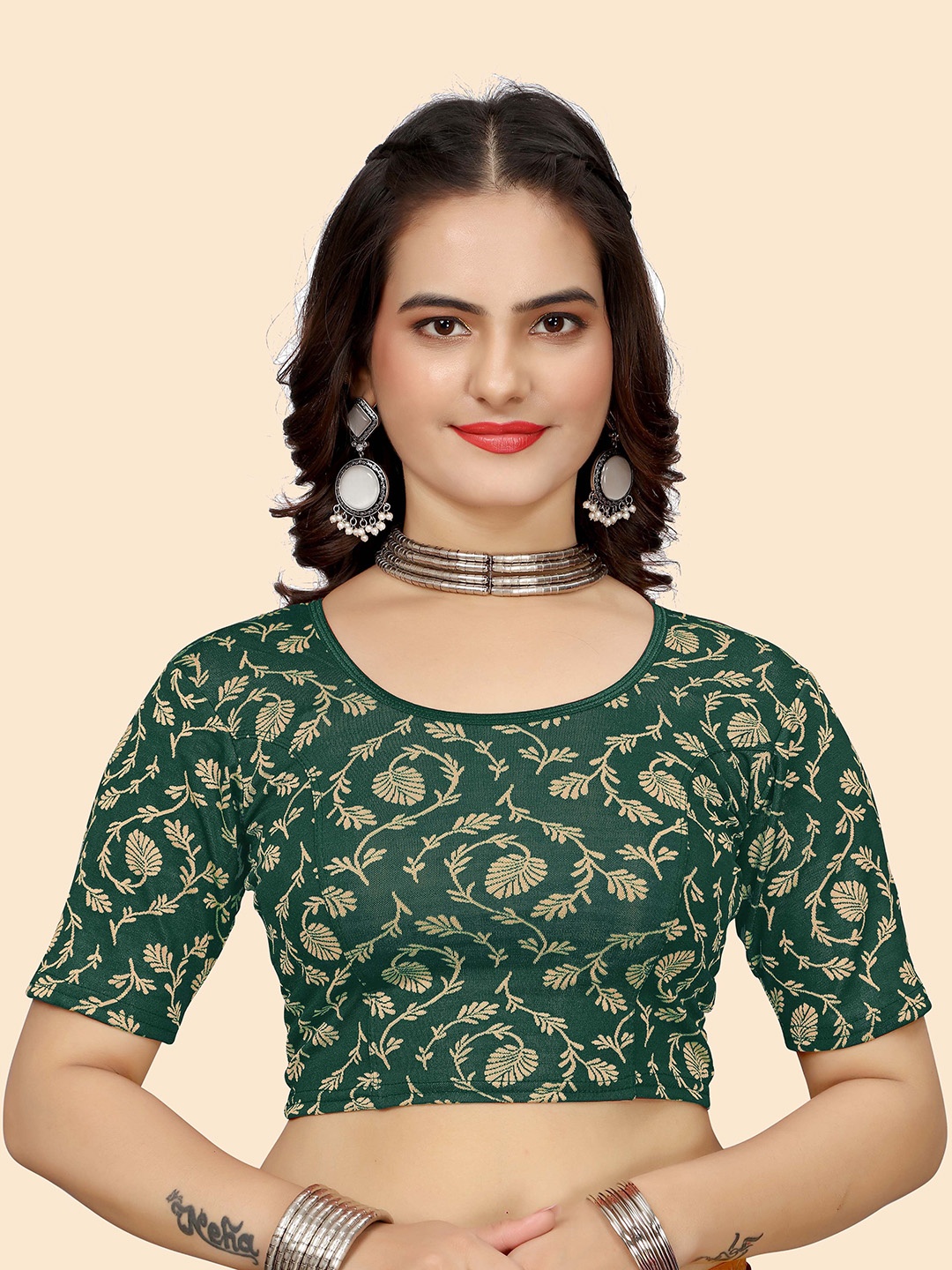 

SHREEJI DESIGNER Round Neck Stretchable Saree Blouse, Green