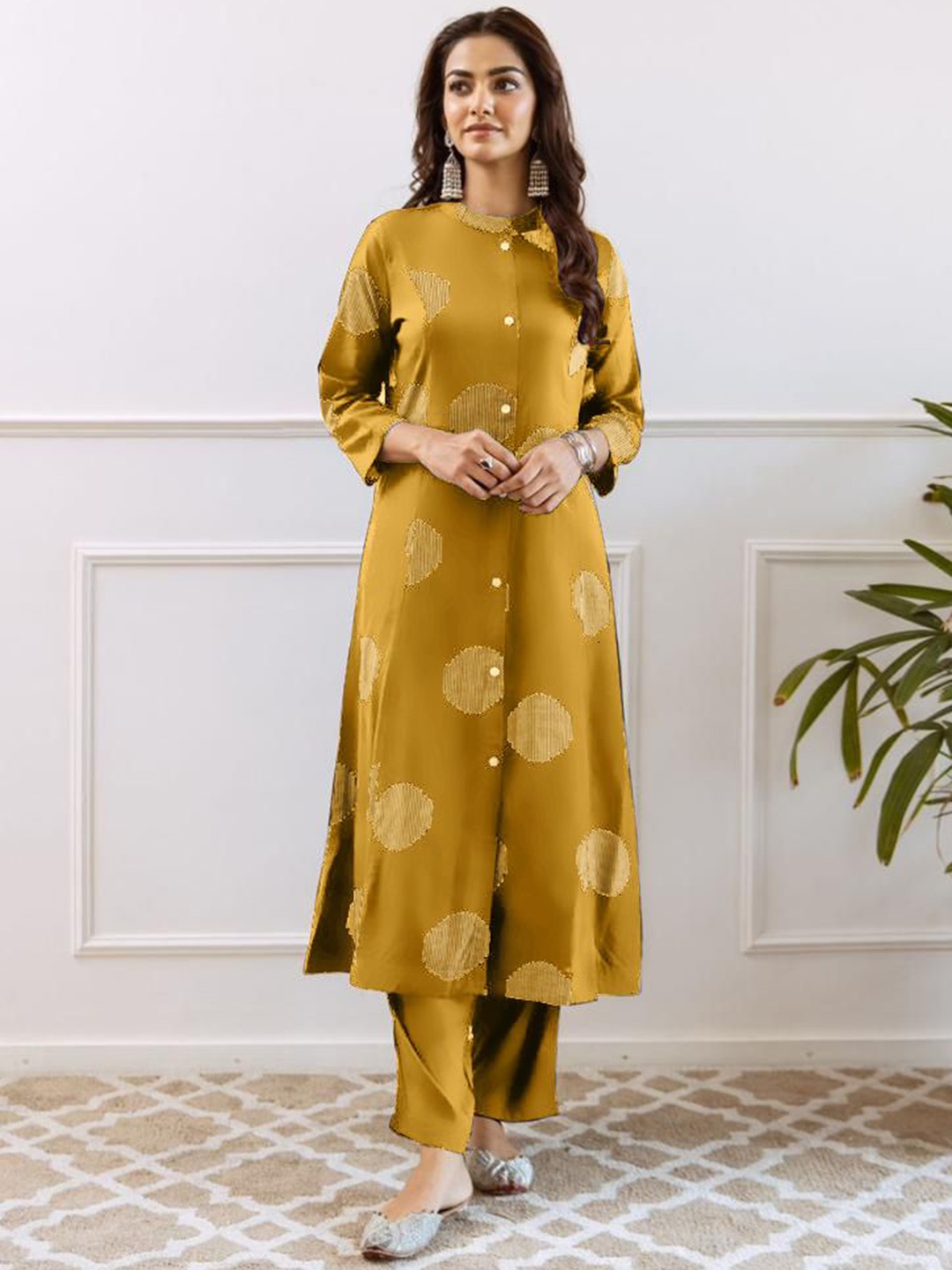 

Anouk Abstract Printed Mandarin Collar Brocade A-Line Kurta, Yellow