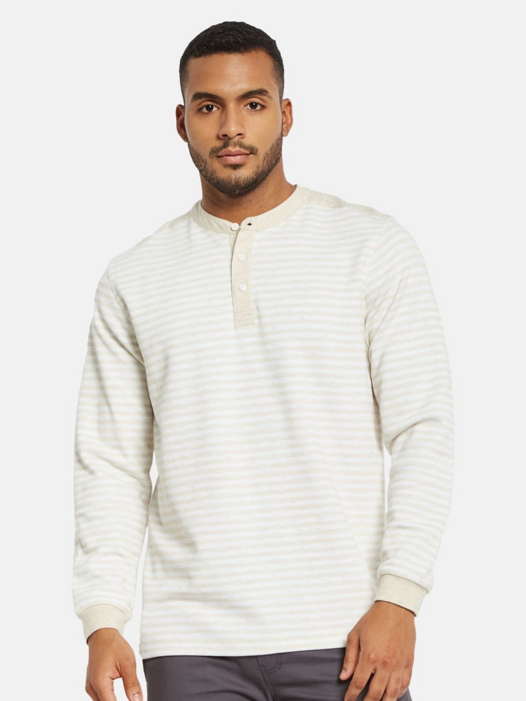 

METTLE Men Striped Mandarin Collar Cotton T-shirt, Cream