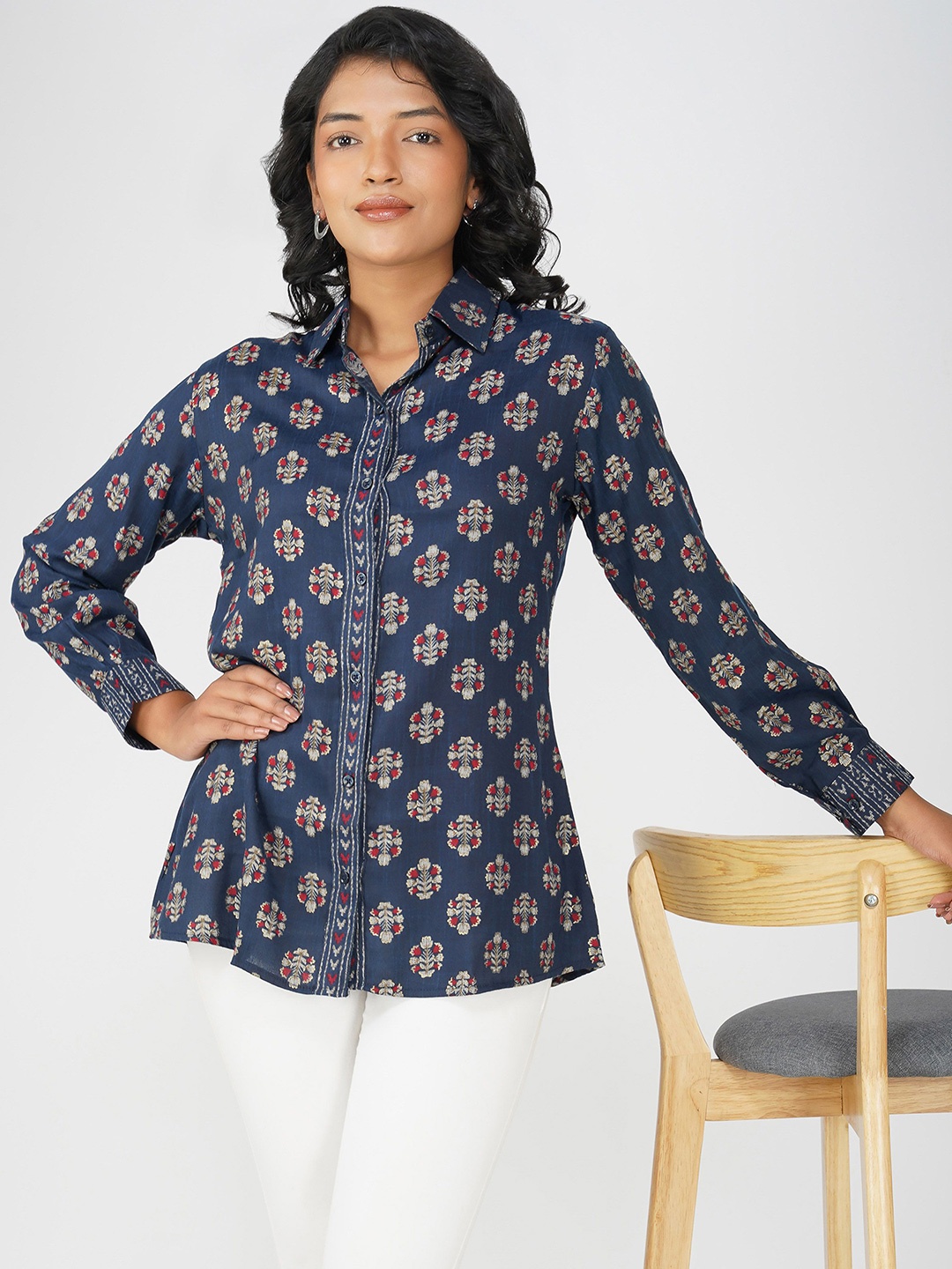 

Bindigasm Women Comfort Ethnic Motifs Printed Cotton Linen Relaxed Fit Casual Shirt, Navy blue