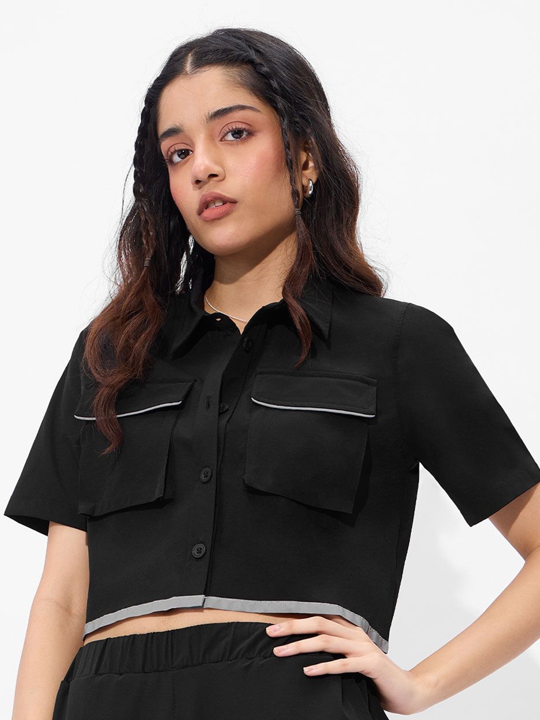 

The Souled Store Shirt Style Crop Top, Black