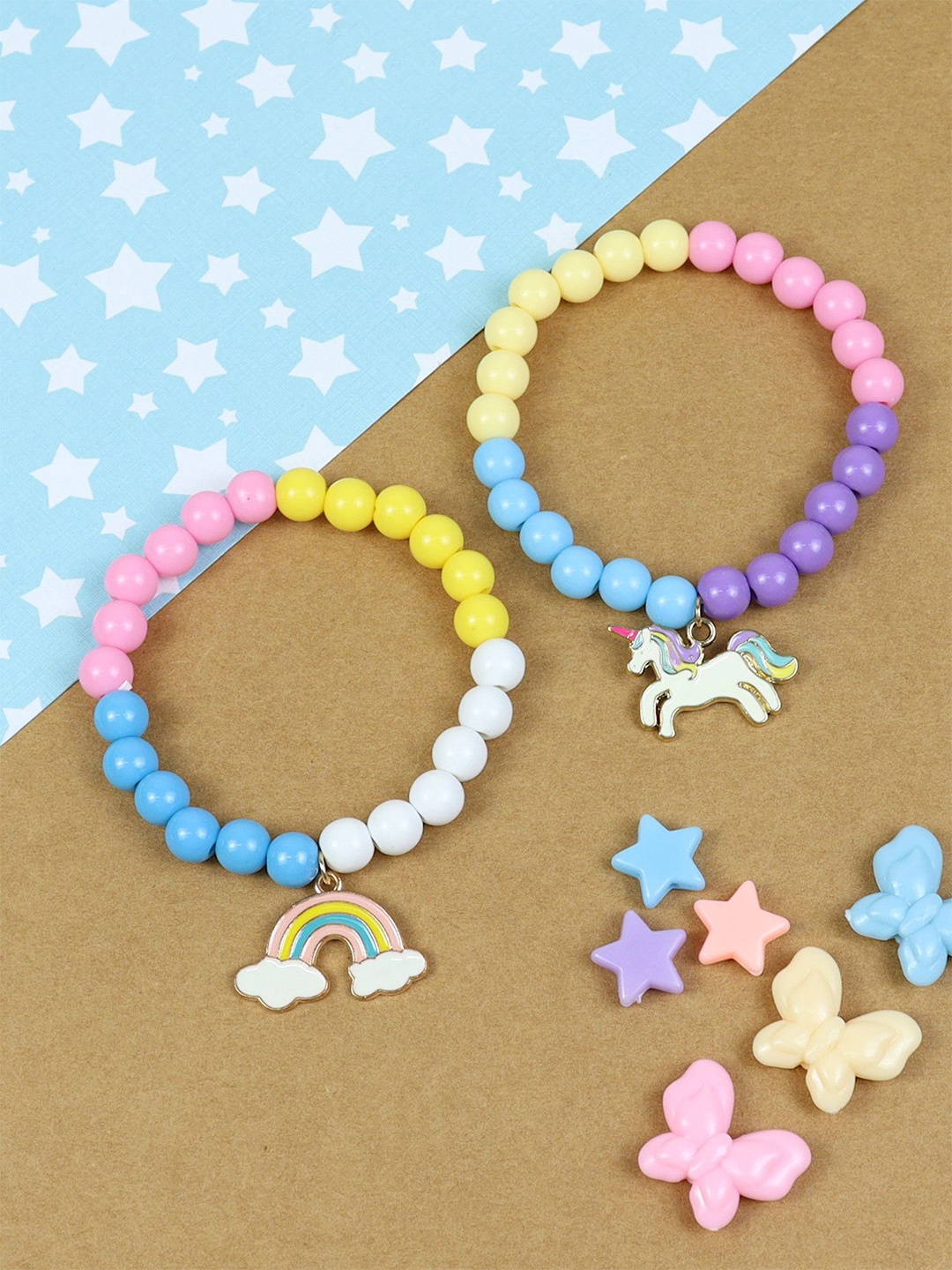 

Asthetika Kids Girls Set of 2 Beaded Unicorn Rainbow Charm Elasticated Bracelets, Blue