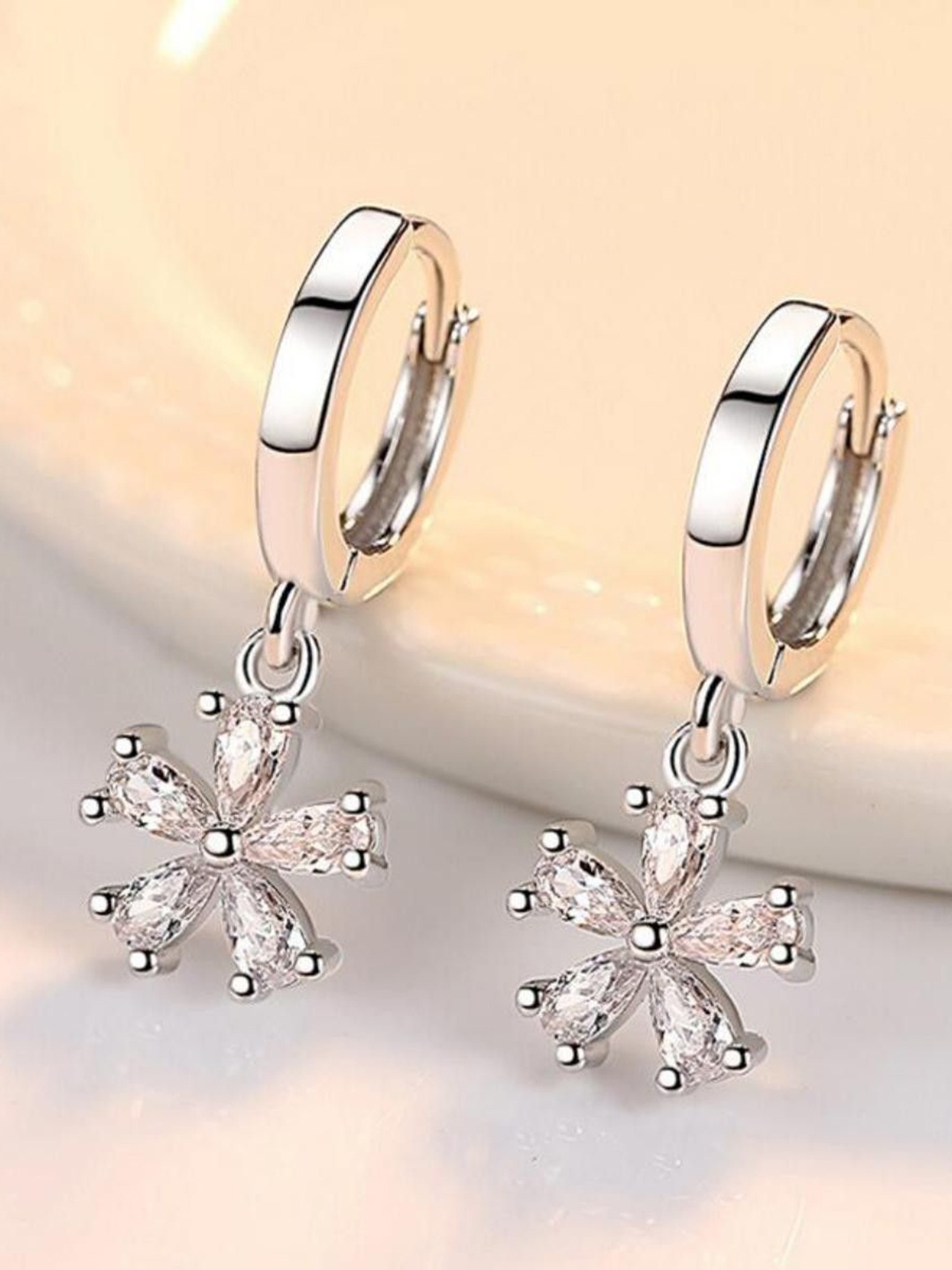 

MYKI Silver-Plated Stainless Steel Cubic Zirconia Stone Studded Floral Hoop Earrings