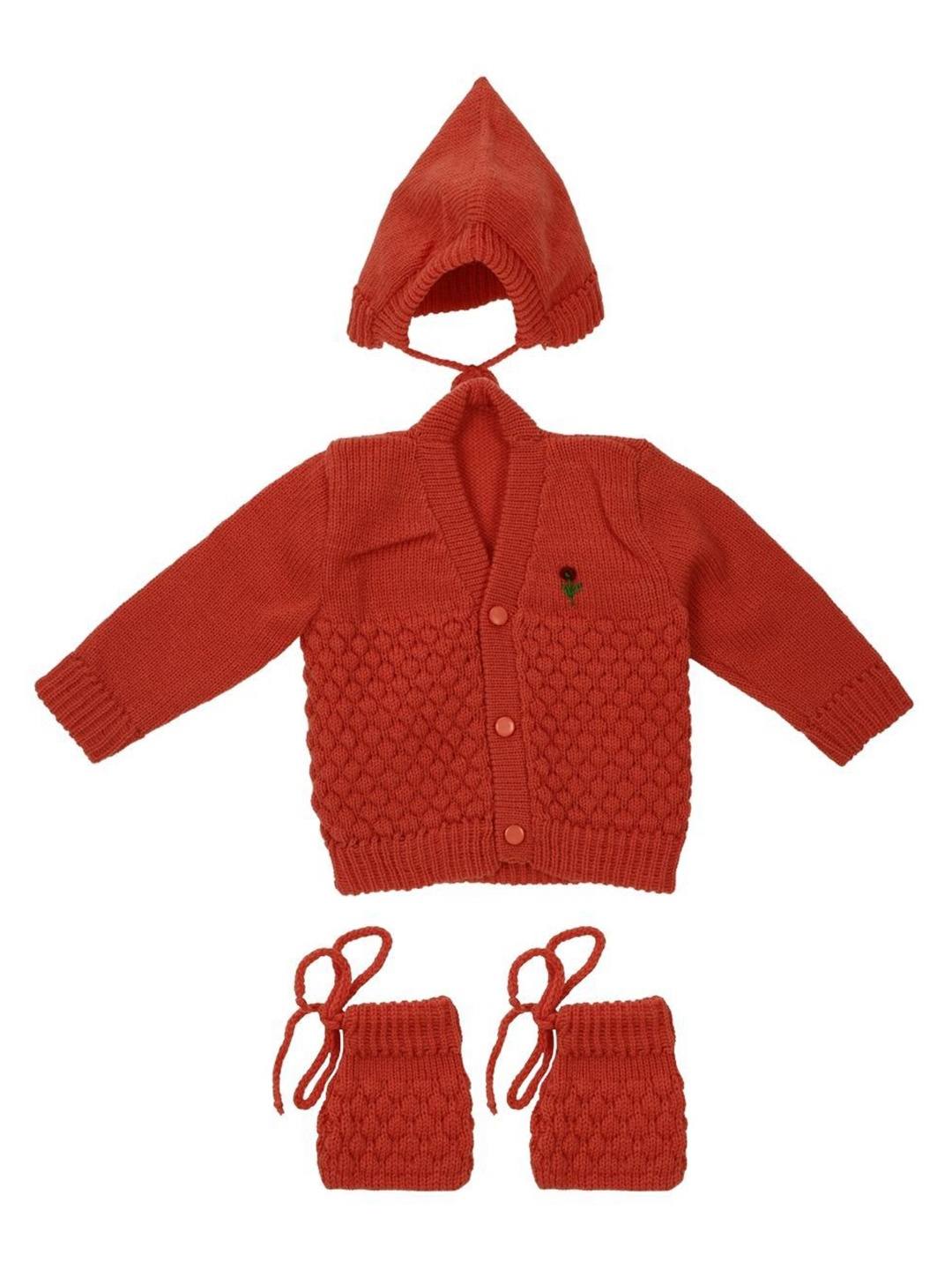 

CUBS & HUGS Infants 3Pcs Embroidered Woolen Sweater With Cap & Booties, Brown