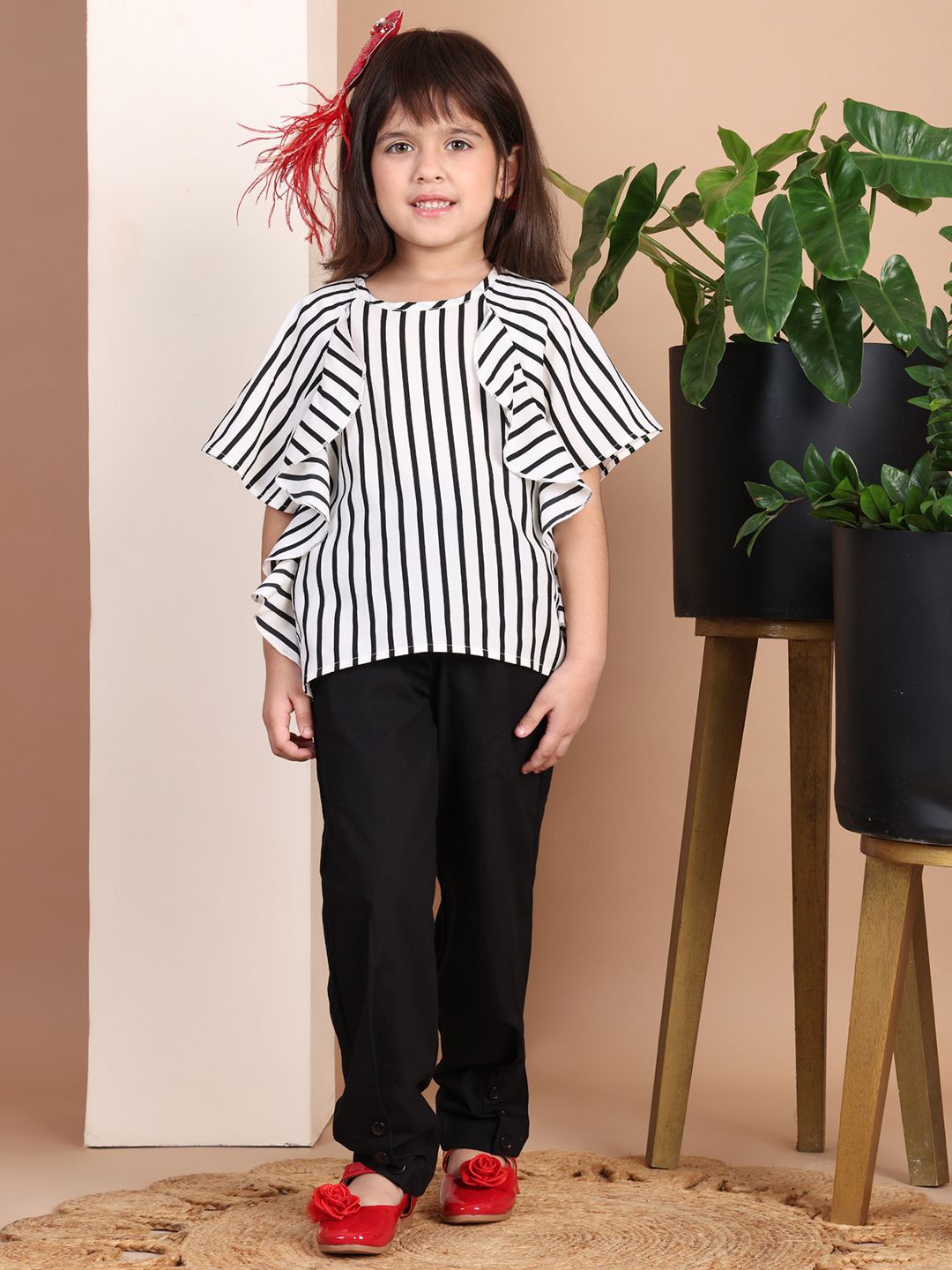 

Baawri Girls Vertical Stripes Flared Sleeves Top, White