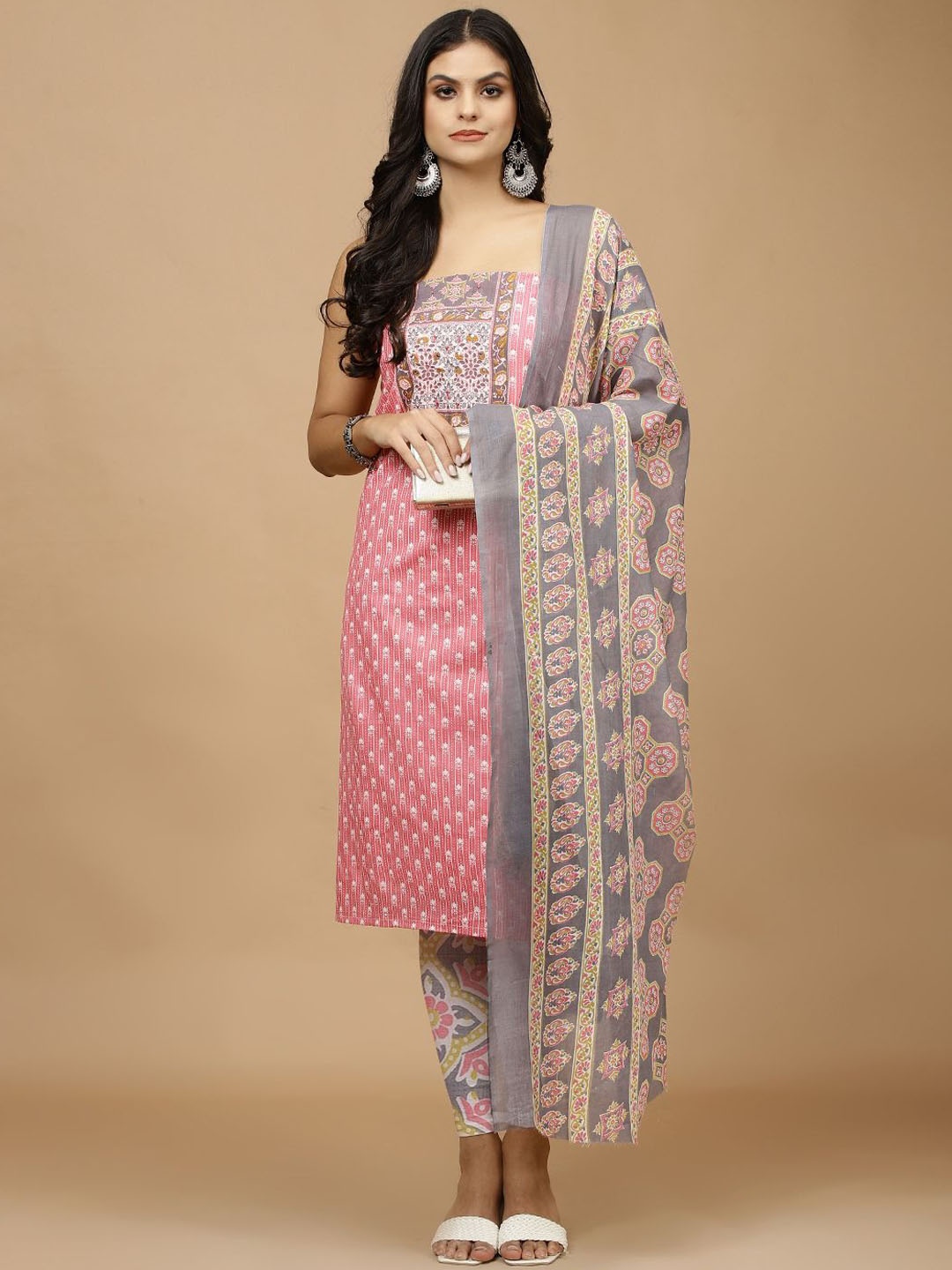 

Meena Bazaar Floral Printed Unstitched Dress Material, Pink