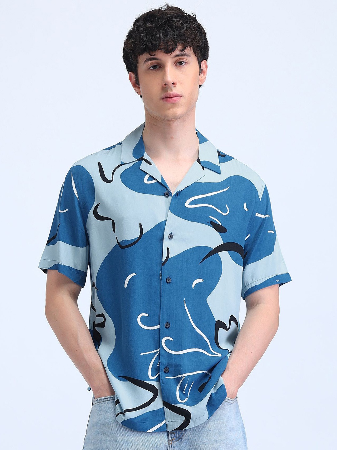 

Flying Machine Men Classic Cuban Collar Abstract Printed Casual Shirt, Sea green