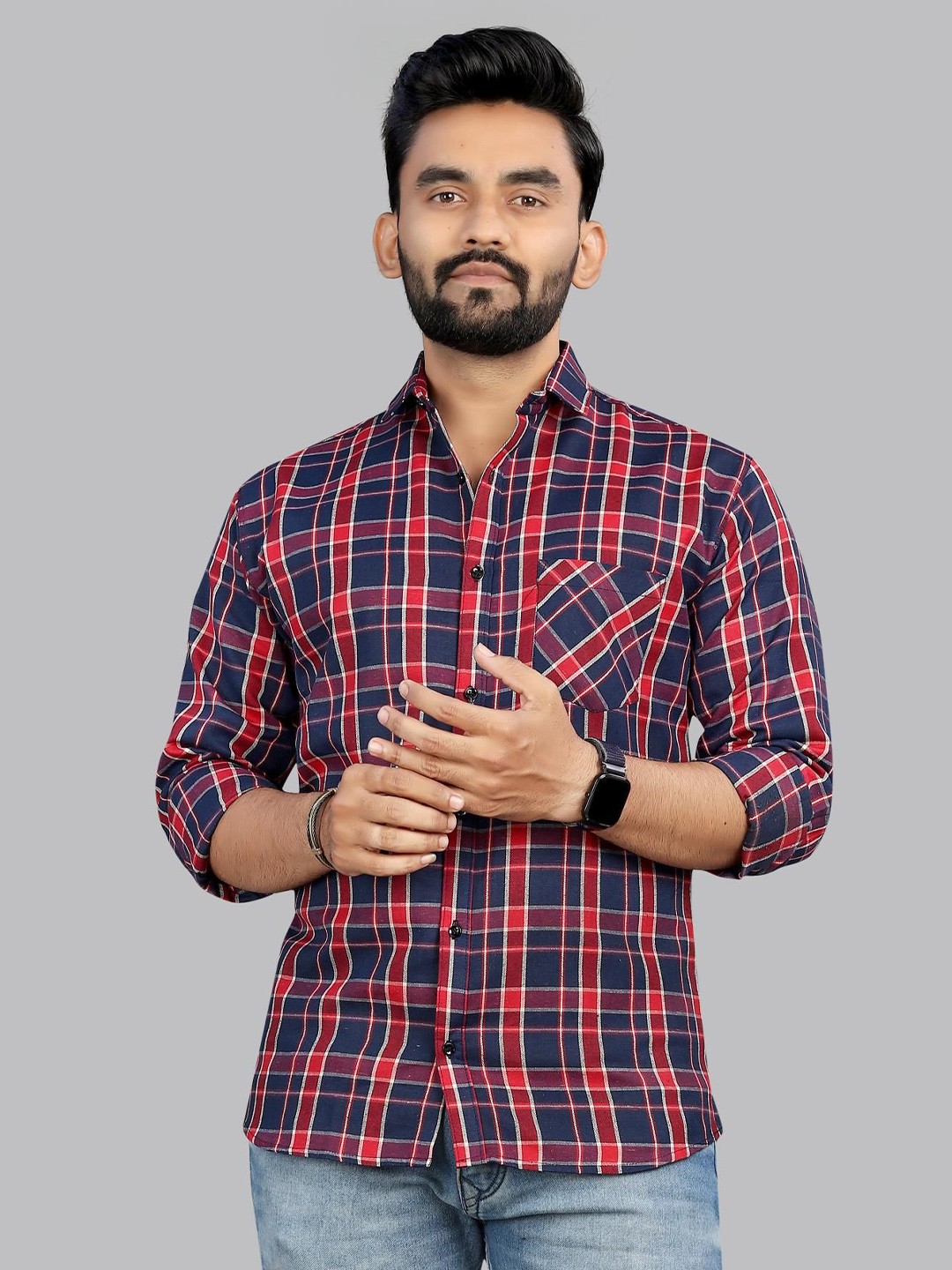 

allan peter Men Classic Spread Collar Tartan Checked Cotton Casual Shirt, Navy blue