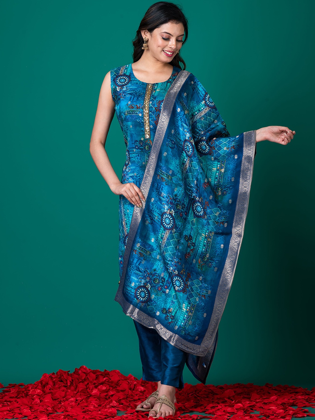 

SHREE BALAJI Ethnic Motifs Printed Beads and Stones Straight Kurta with Trousers & Dupatta, Blue