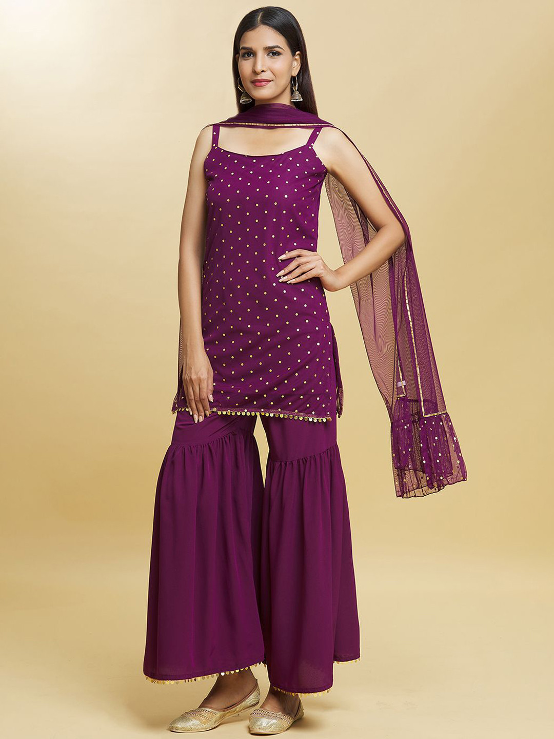 

Adara Khan Women Printed Regular Kurti with Sharara & With Dupatta, Purple