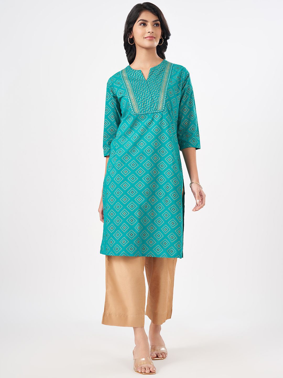 

RANGMANCH BY PANTALOONS Geometric Printed Round Neck Straight Pure Cotton Kurta, Turquoise blue