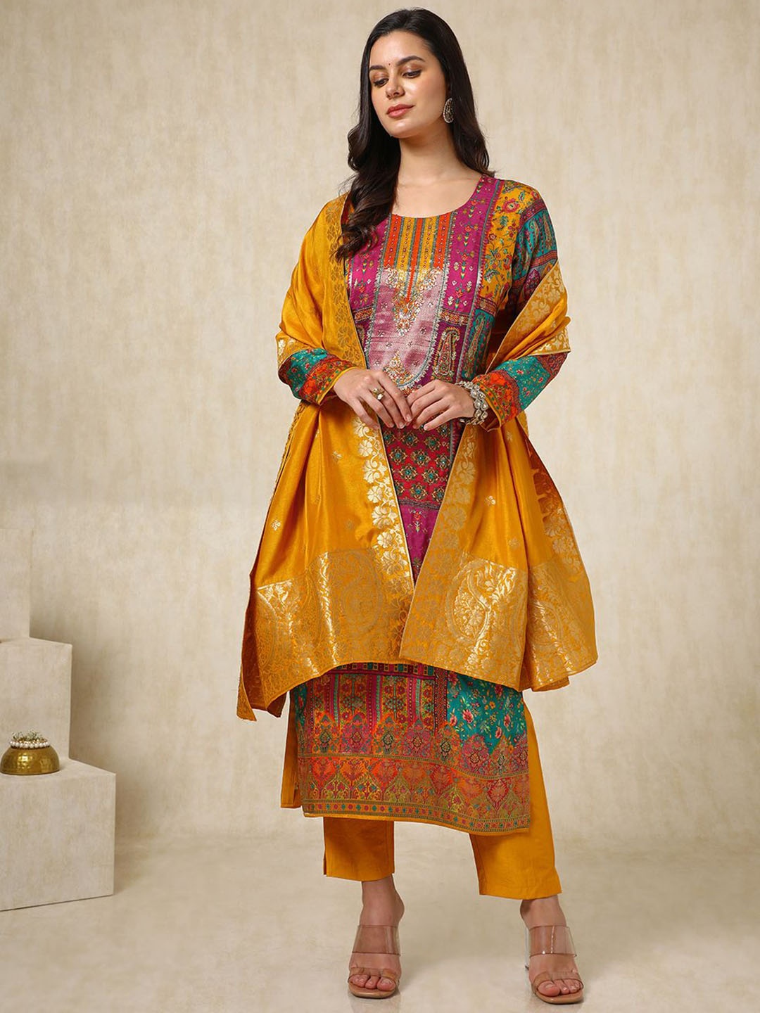 

Soch Ethnic Motifs Printed Mirror Work Straight Kurta With Trouser & Dupatta, Mustard