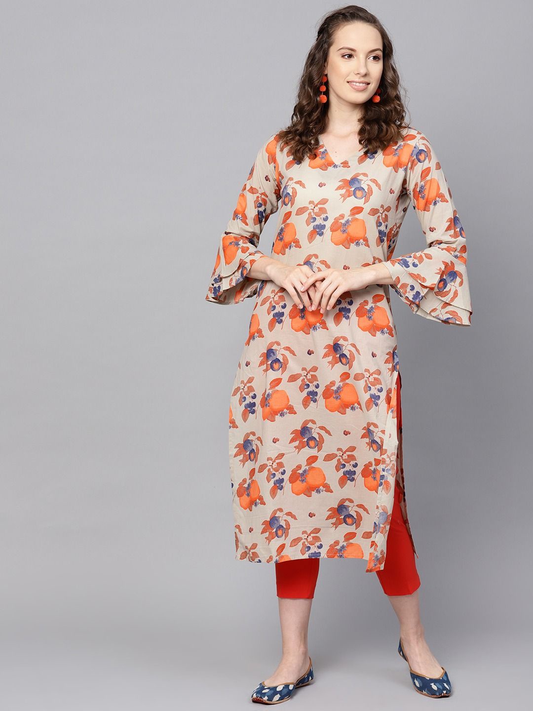

KALINI Floral Printed Bell Sleeves V-Neck Cotton Straight Kurta, Beige