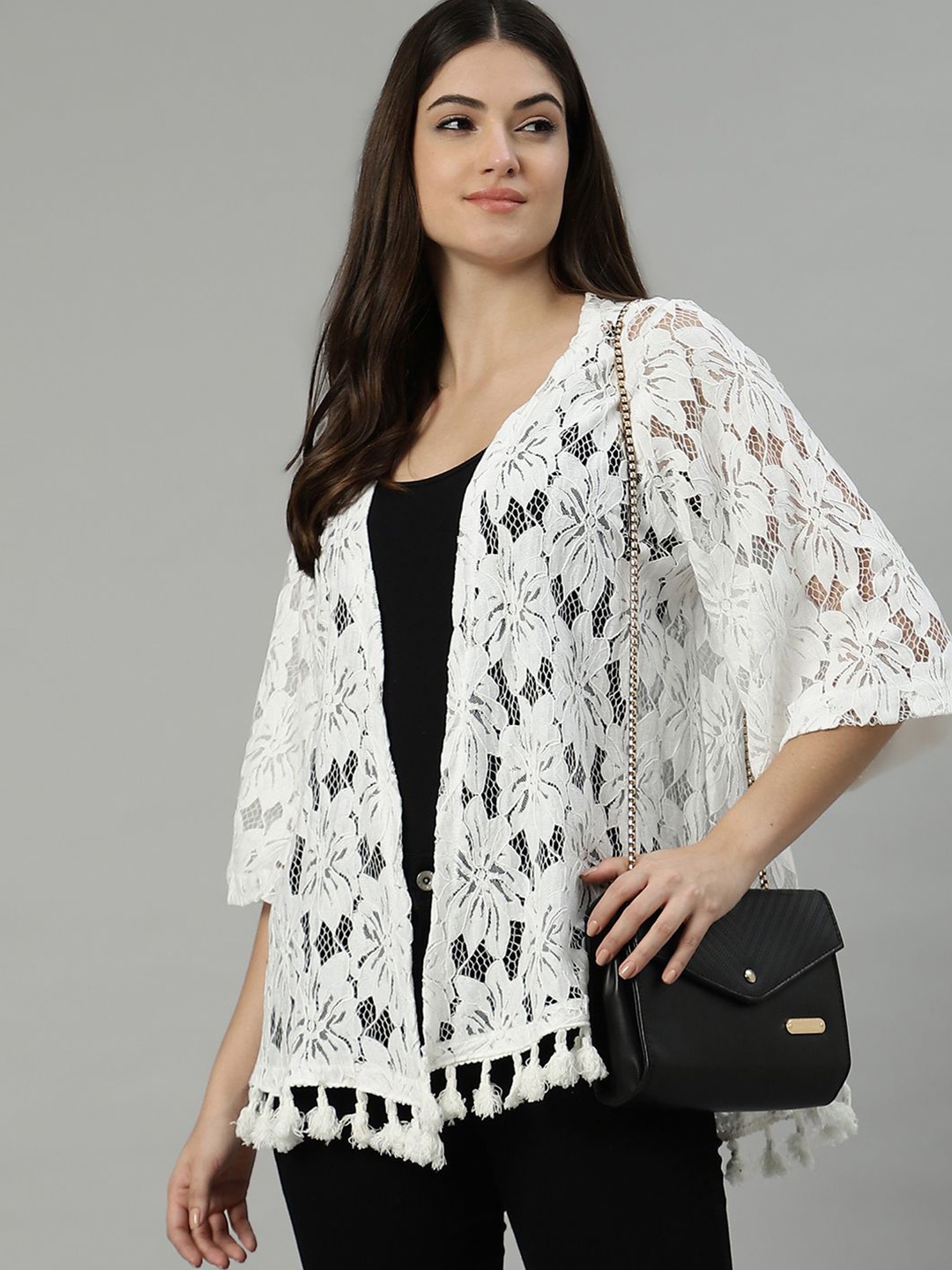 

UnaOne Floral Embroidered Cotton Lace Open Front Shrug, Off white