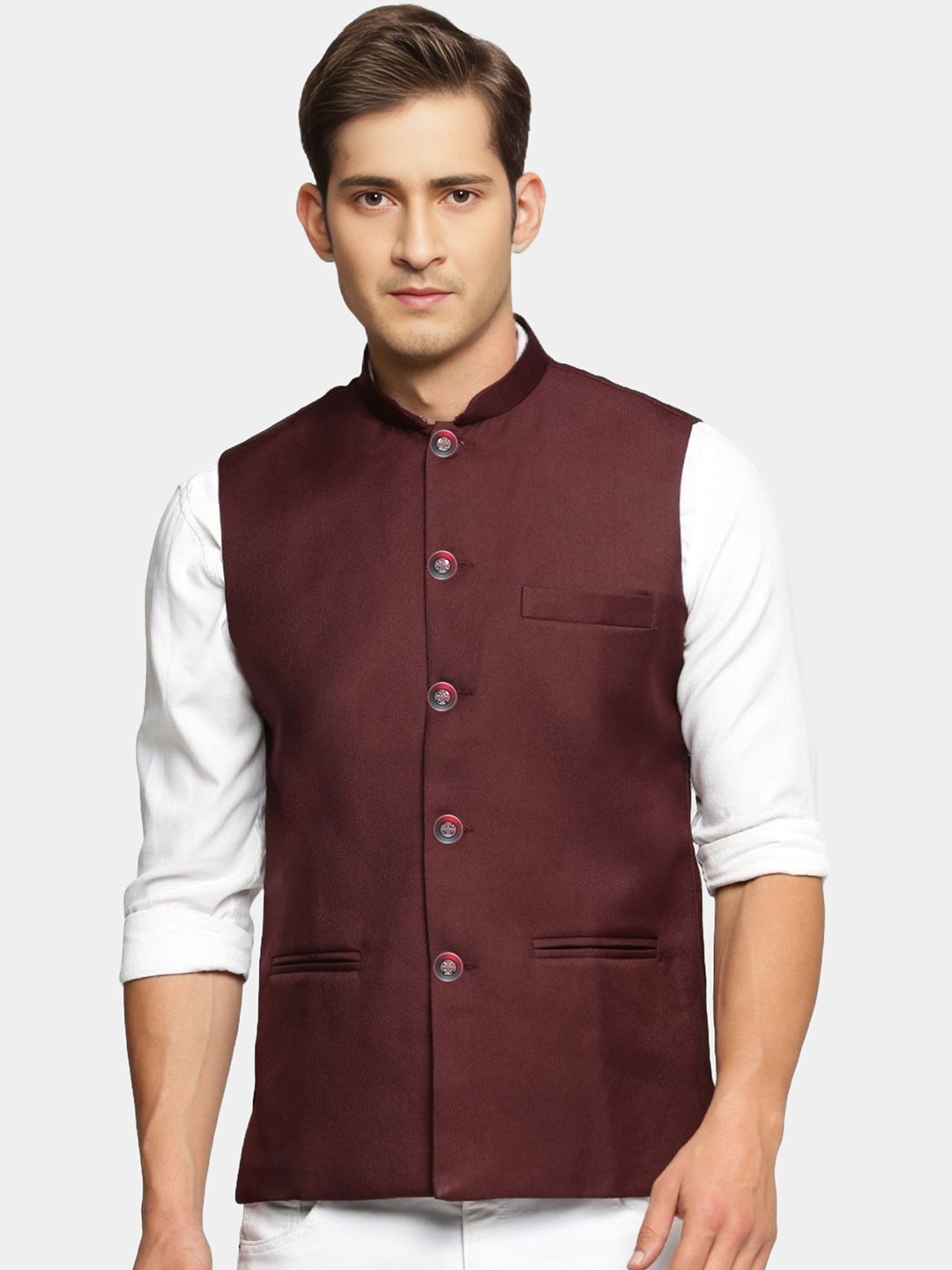 

BAESD Mandarin Collar Satin Nehru Jacket, Maroon