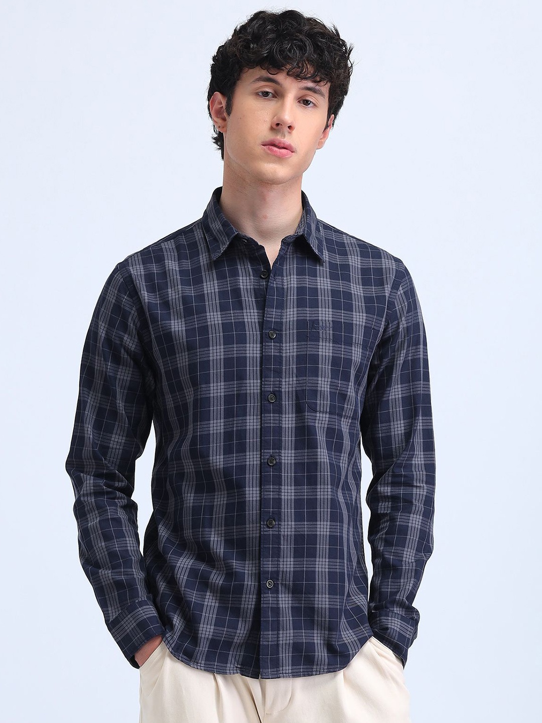 

Flying Machine Men Manhattan Spread Collar Tartan Checked Cotton Slim Fit Casual Shirt, Navy blue