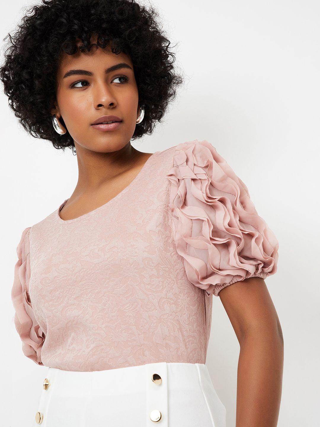 

max Women Cotton Puff Sleeve Cotton Top, Pink