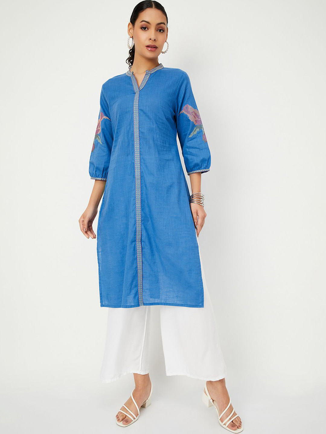 

max Geometric Embroidered Mandarin Collar Bishop Sleeves Thread Work Straight Kurta, Blue