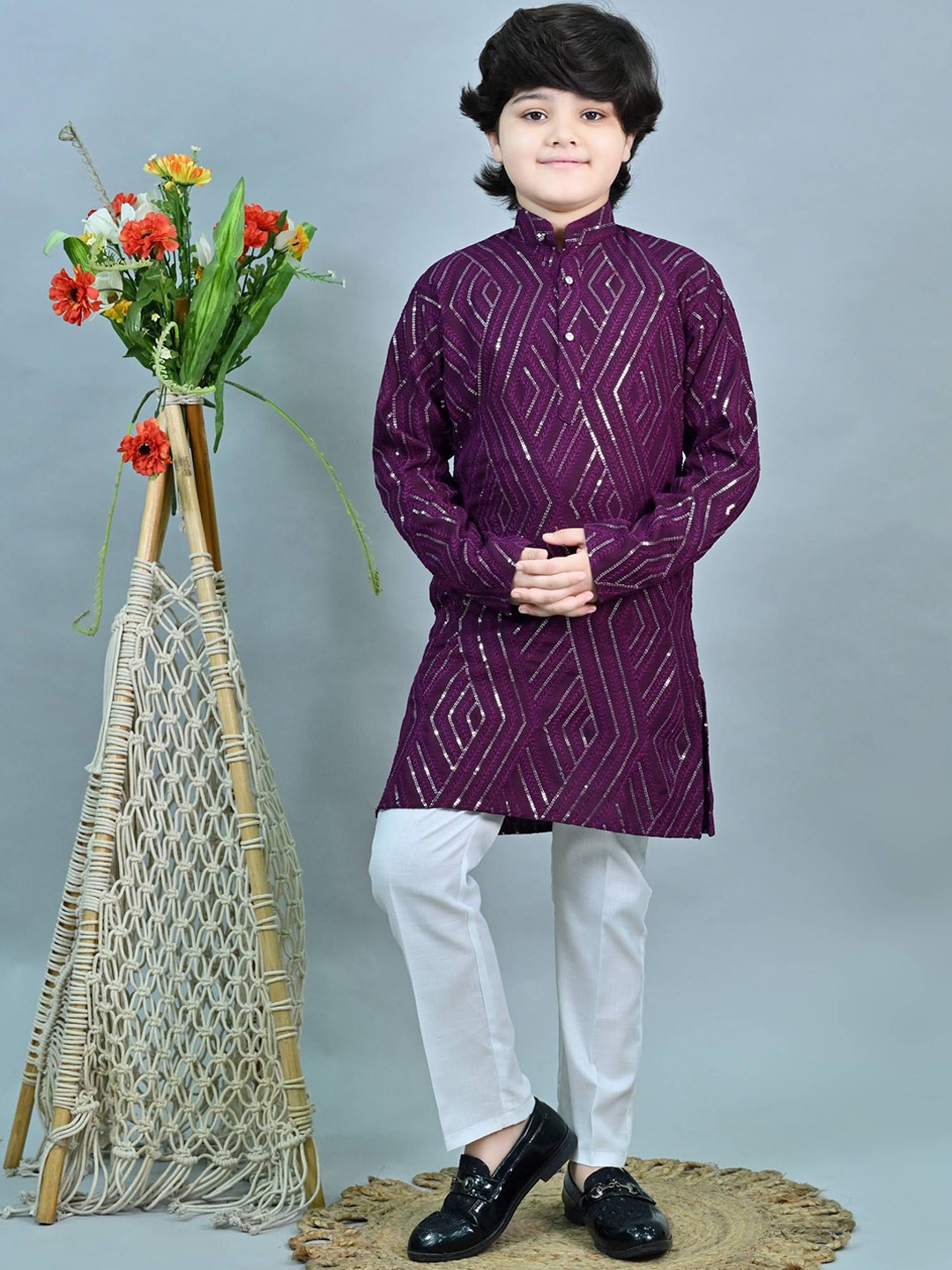 

ahhaaaa Boys Geometric Embroidered Regular Sequinned Dupion Silk Kurta With Trouser, Purple