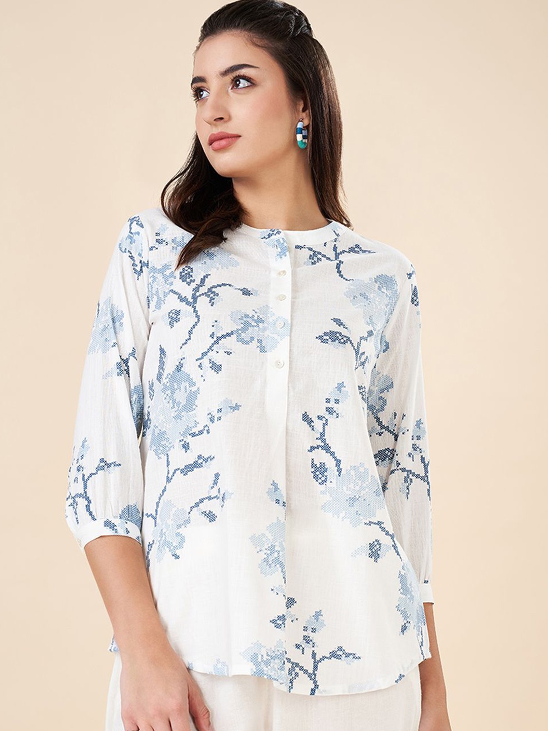 

AKKRITI BY PANTALOONS Printed Mandarin Collar Ethnic Tunic, Blue