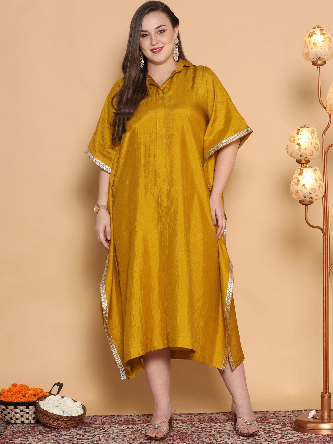 

LetsDressUp Shirt Collar Kaftan Midi Dress, Mustard