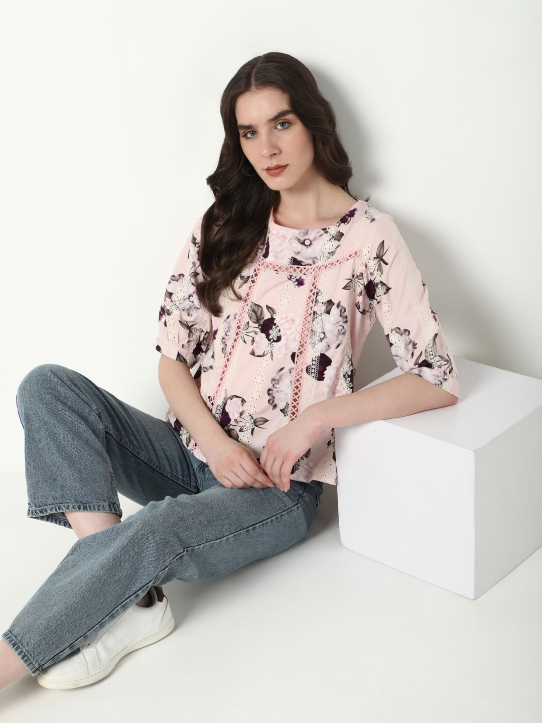 

SHOWOFF Women Floral Printed Puff Sleeve Top, Pink