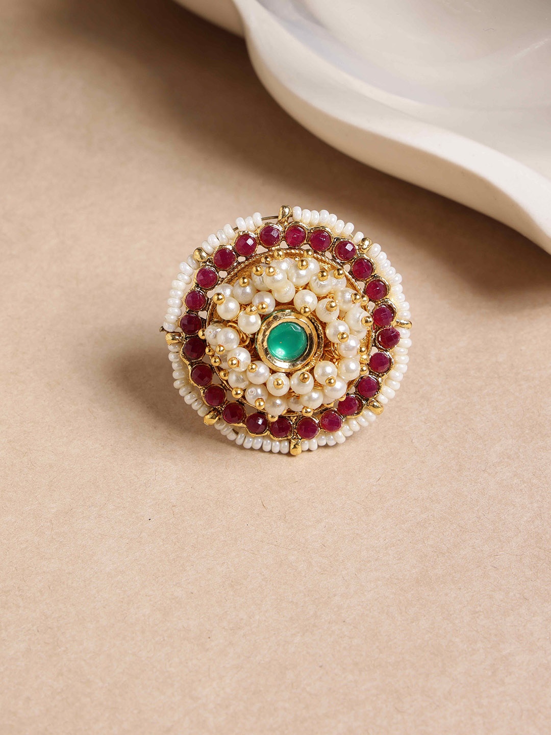 

PANASH Gold-Plated Stone-Studded & Beaded Adjustable Finger Ring