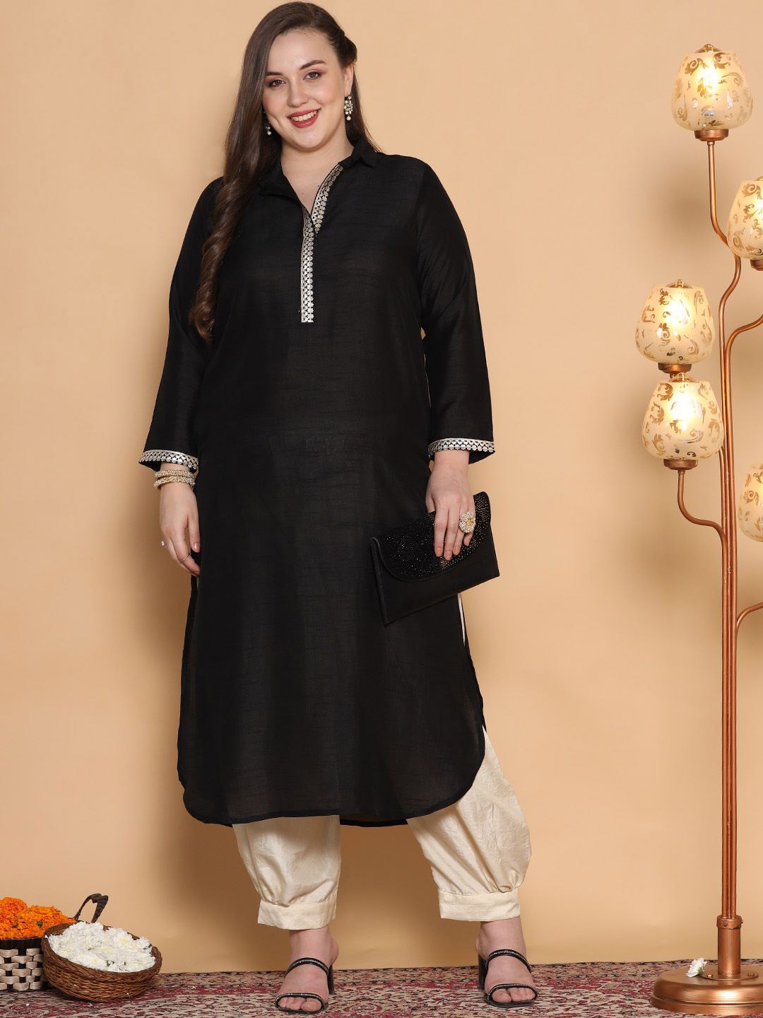 

LetsDressUp Shirt Collar Straight Kurta, Black