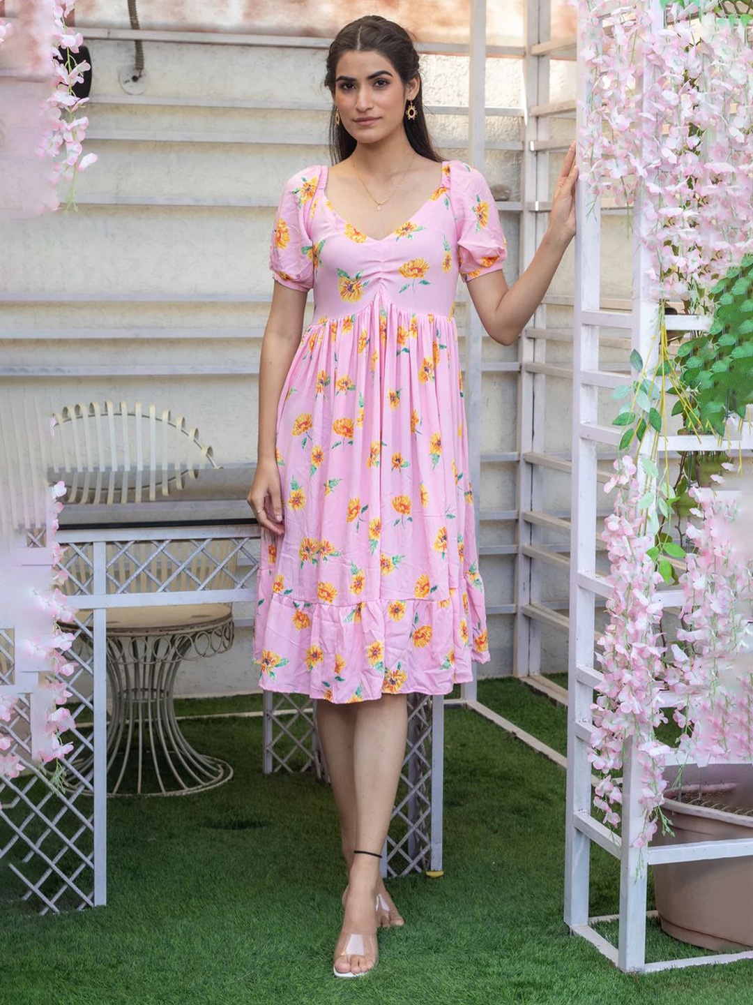 

SUKITI Women Floral Print Flutter Sleeve A-Line Dress, Pink